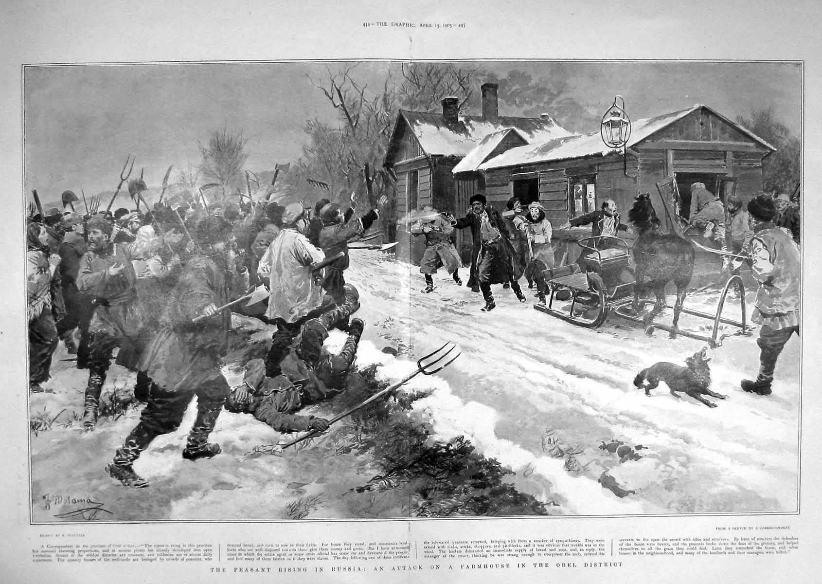 Original Old Antique Print 1905 Peasants Russia Attack Farmhouse Orel District