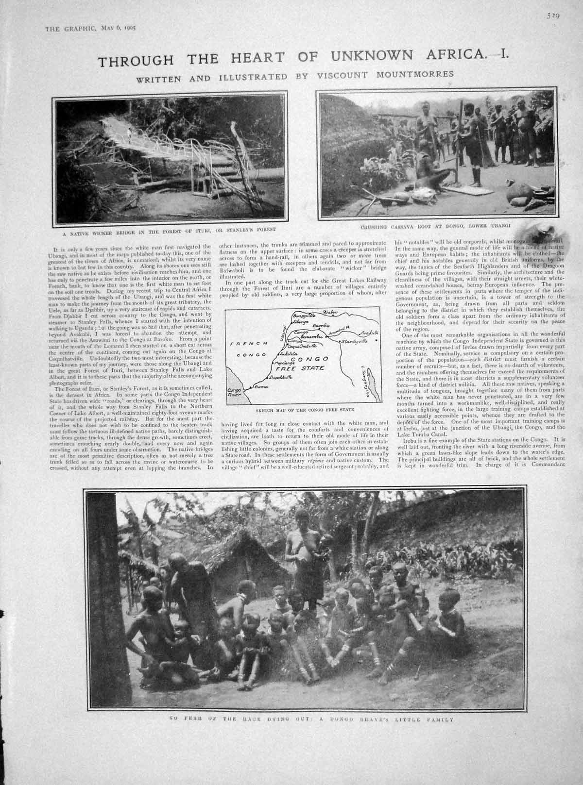 Original Old Antique Print 1905 Africa Dongo Ituri Ubangi Mountmorres Congo