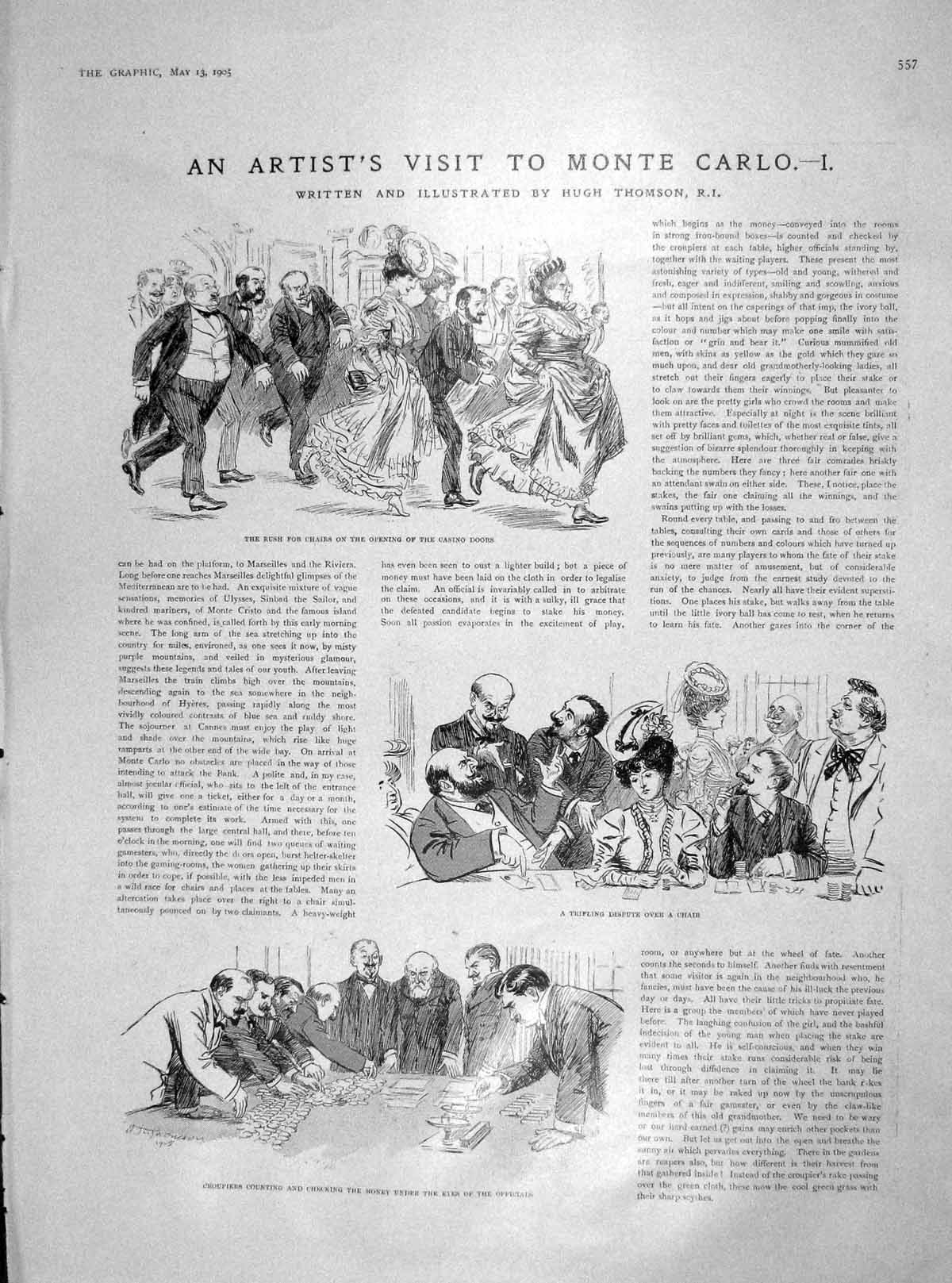 Old Antique Print 1905 Monte Carlo France Gambling Croupiers Channel Ship 20th