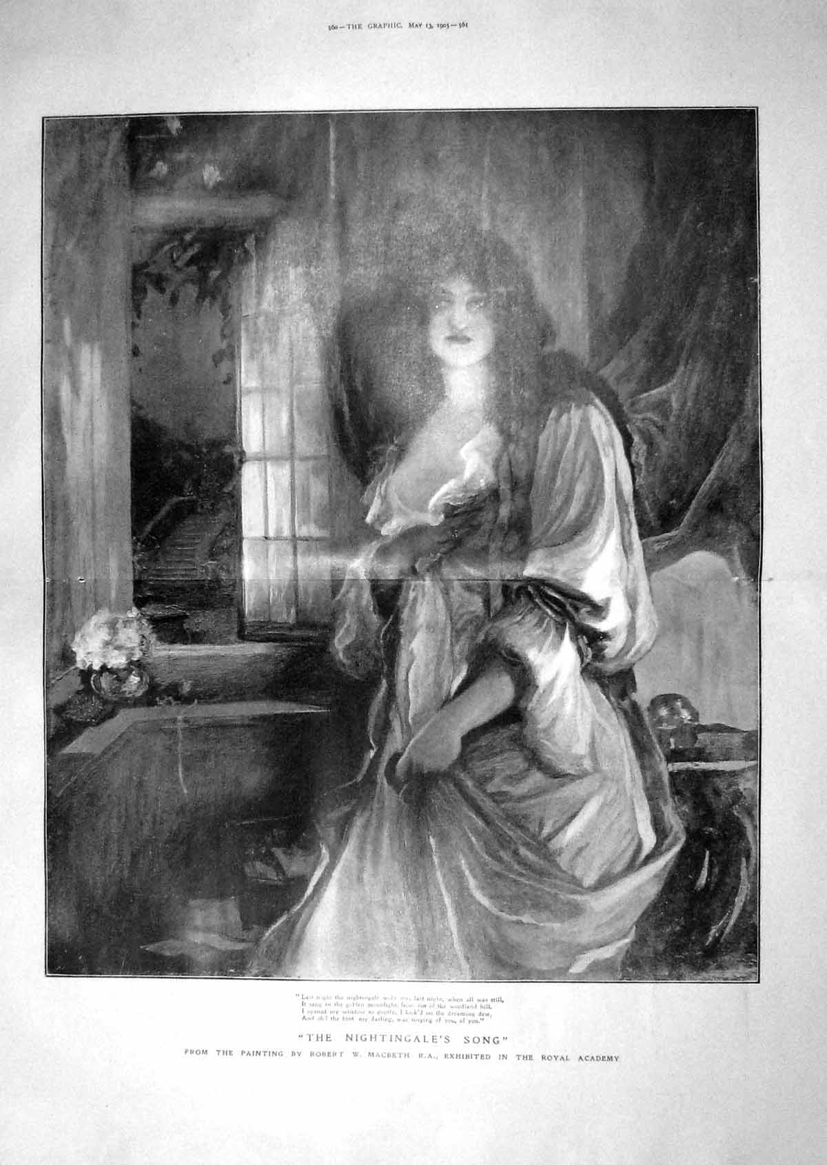 Old Antique Print 1905 Nightingale'S Song Lady Singing Royal Academy Art 20th