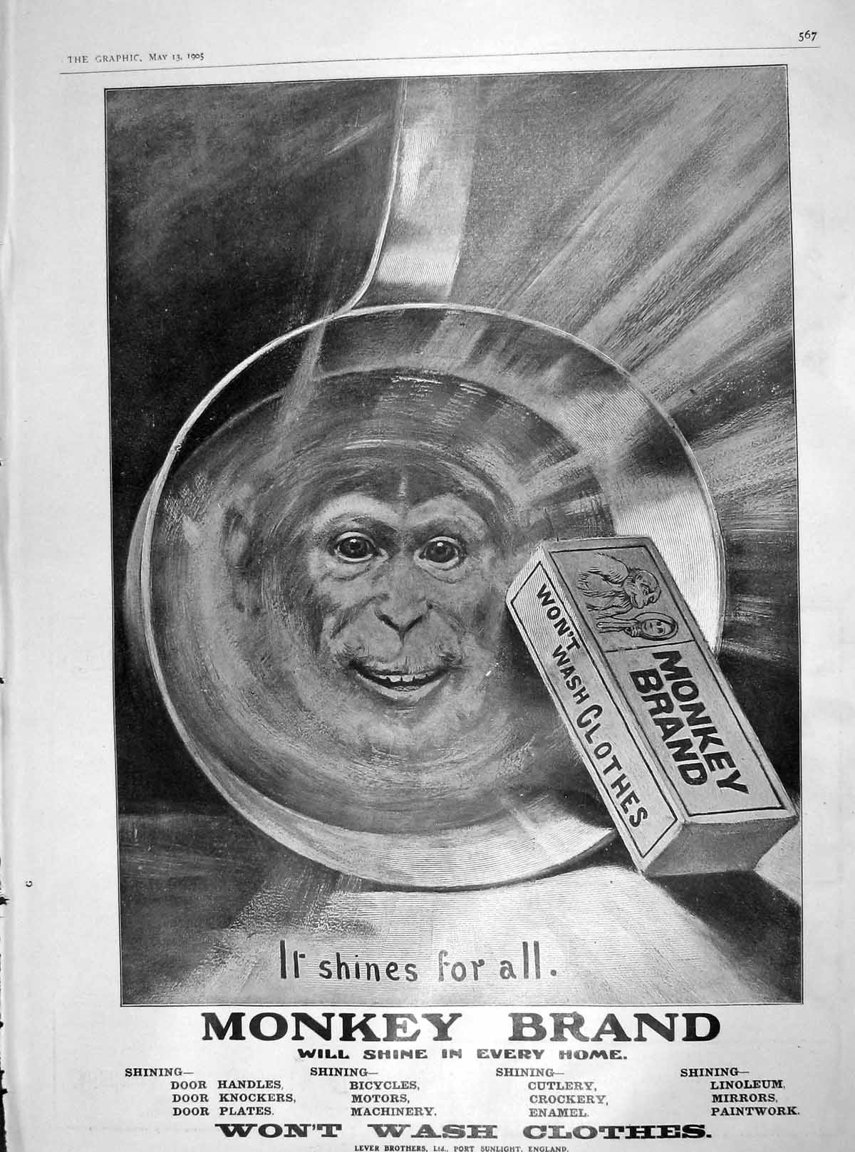 Old Antique Print 1905 Advertisement Monkey Brand Washing Soap Lever Bros 20th