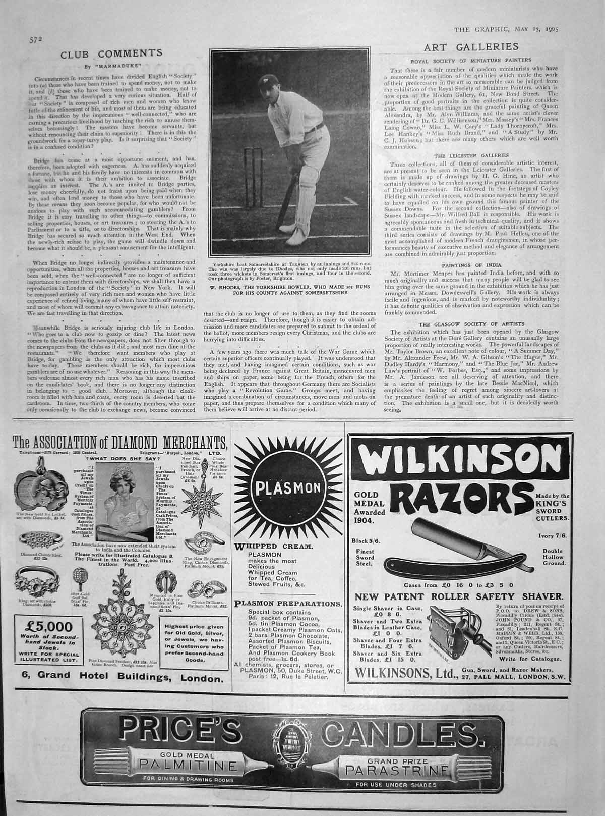 Old Antique Print 1905 Rhodes Yorkshire Bowler Cricket Wilkinson Razors 20th