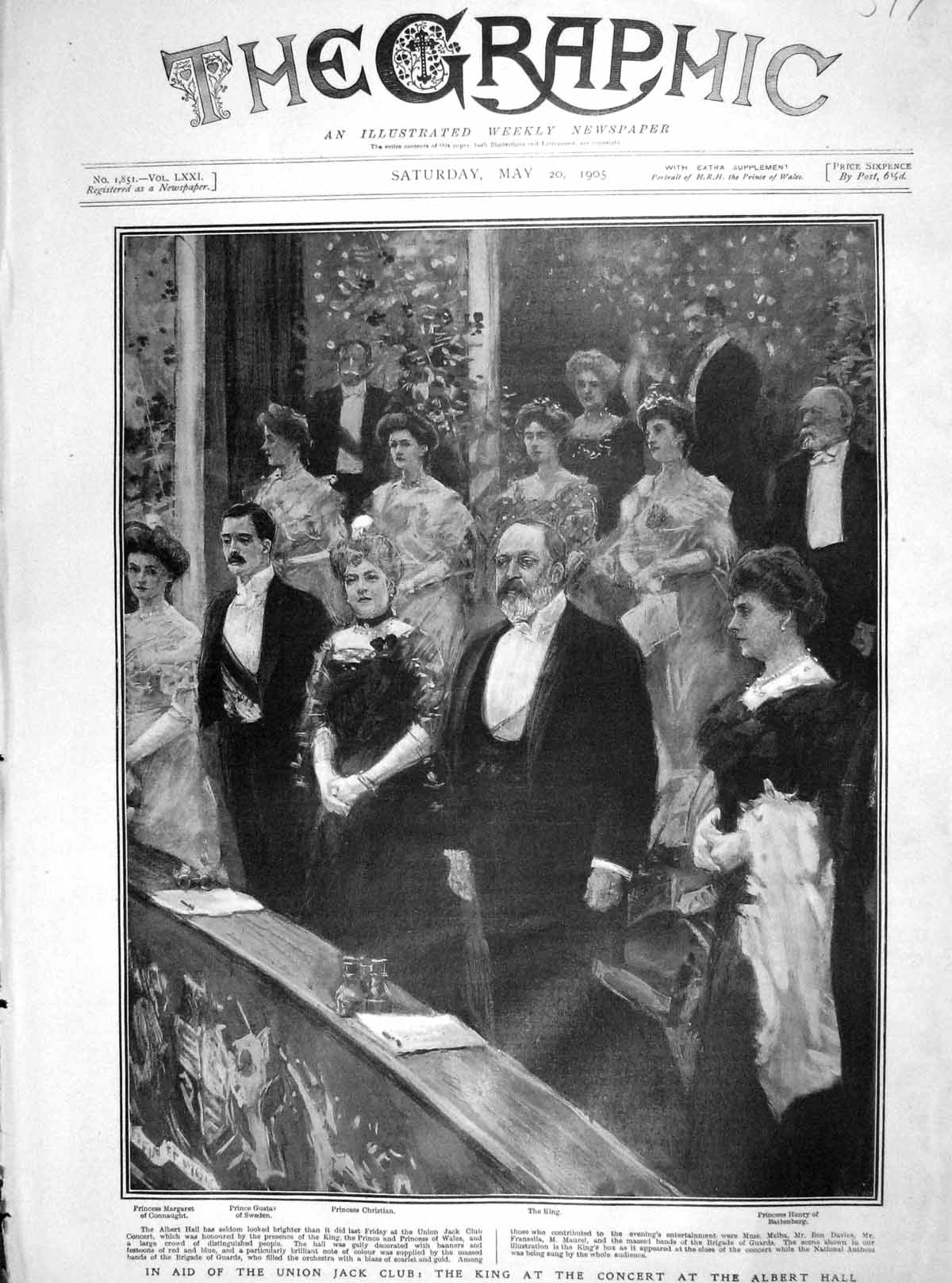 Old Antique Print 1905 Union Jack Club King Albert Hall Battenberg Sweden 20th