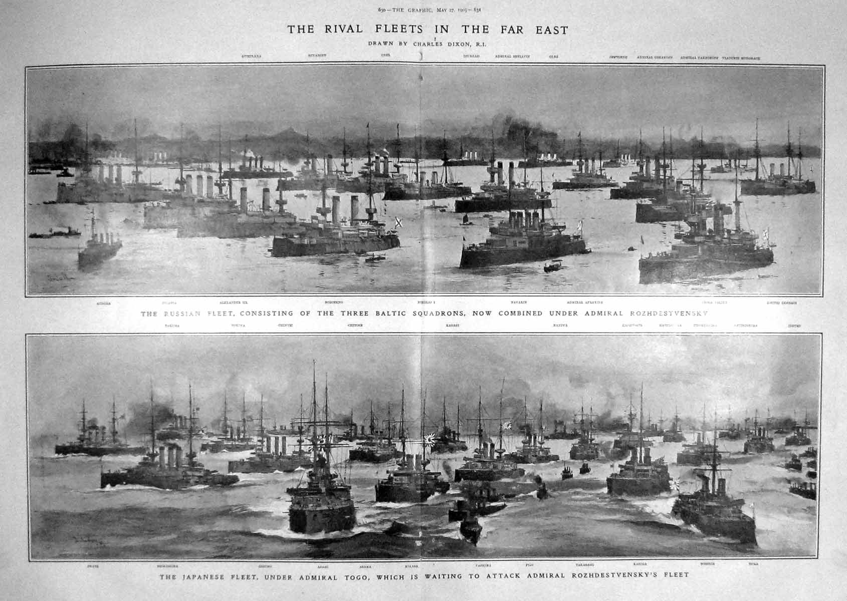 Old Antique Print 1905 Russian War Ships Navarin Japan Asahi Asama Fuji 20th