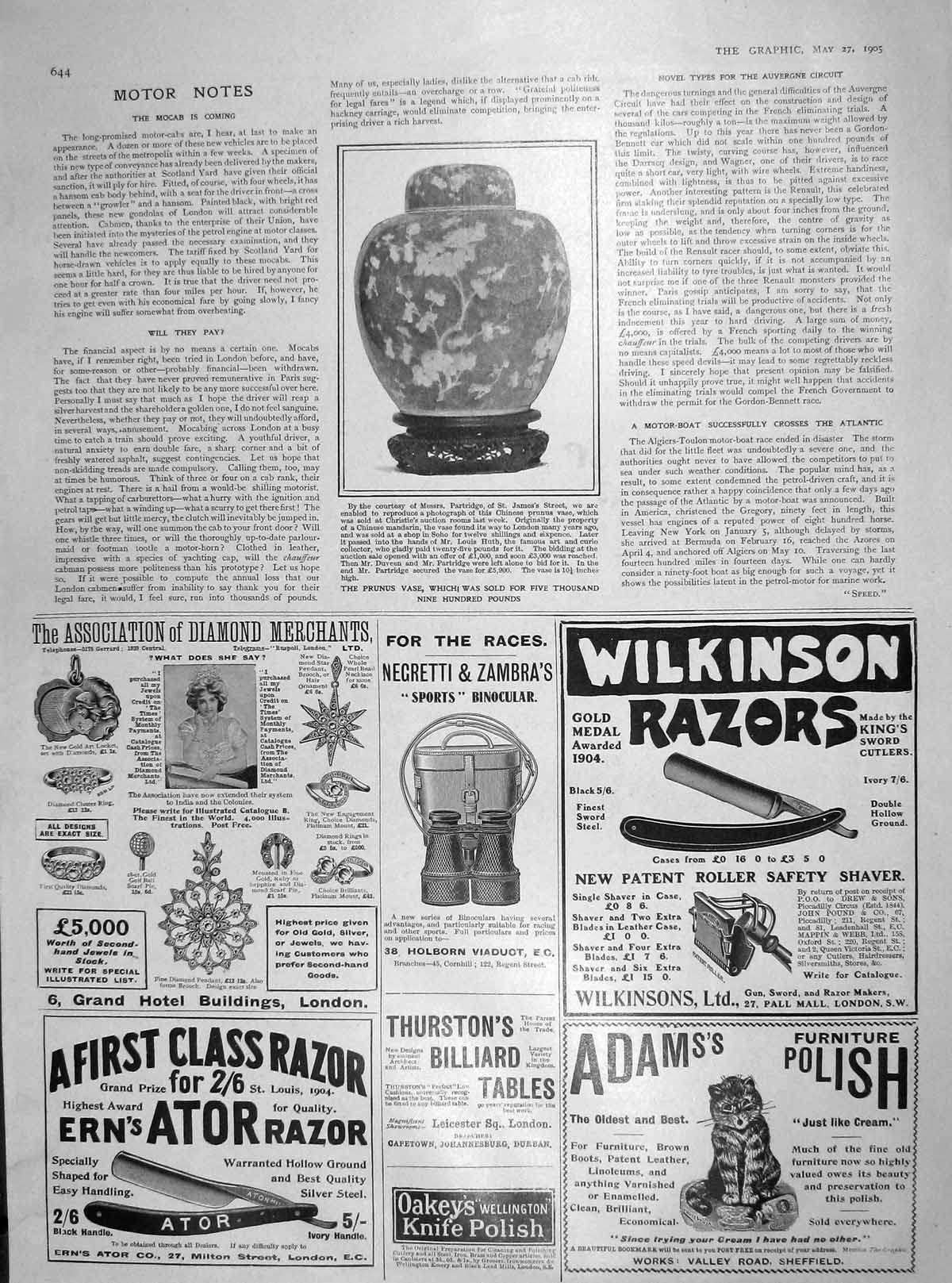 Old Antique Print 1905 Prunus Vase Partridge Christies Wilkinson Razors 20th
