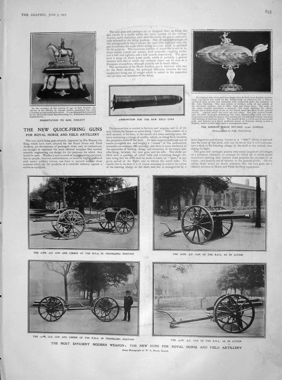 Old Antique Print 1905 Guns Royal Horse Field Artillery Poulett Biberon 20th