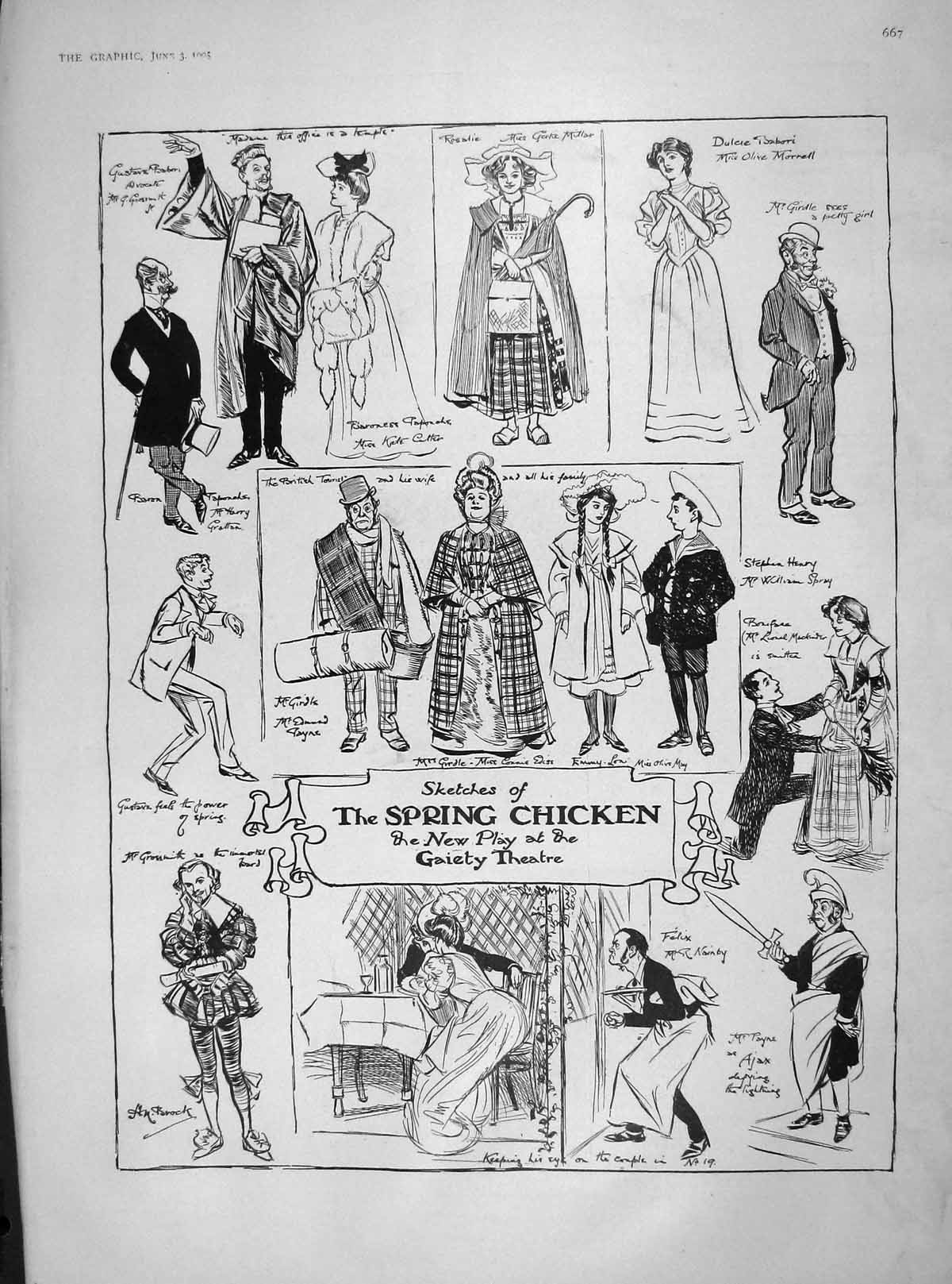 Original Old Antique Print 1905 Spring Chicken Gaiety Theatre Steamboat America