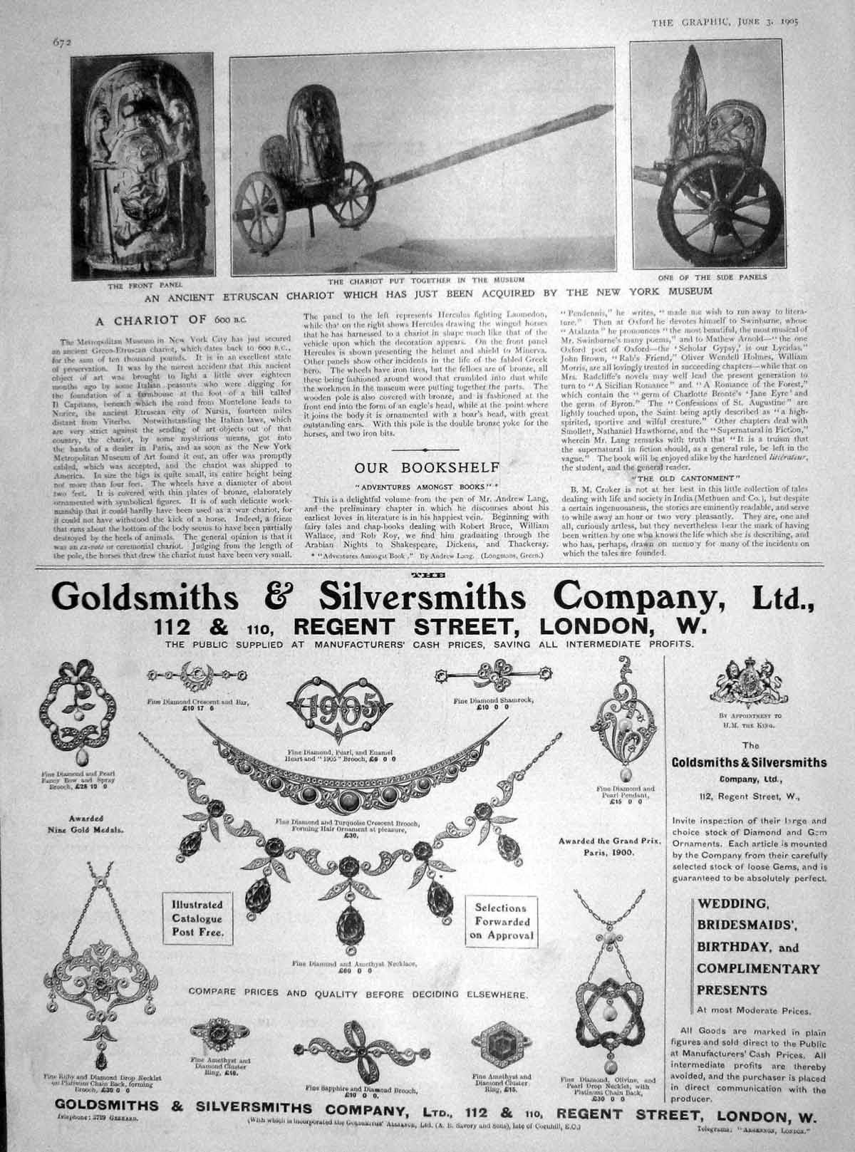 Original Old Antique Print 1905 Etruscan Chariot New York Musuem Gsmith London