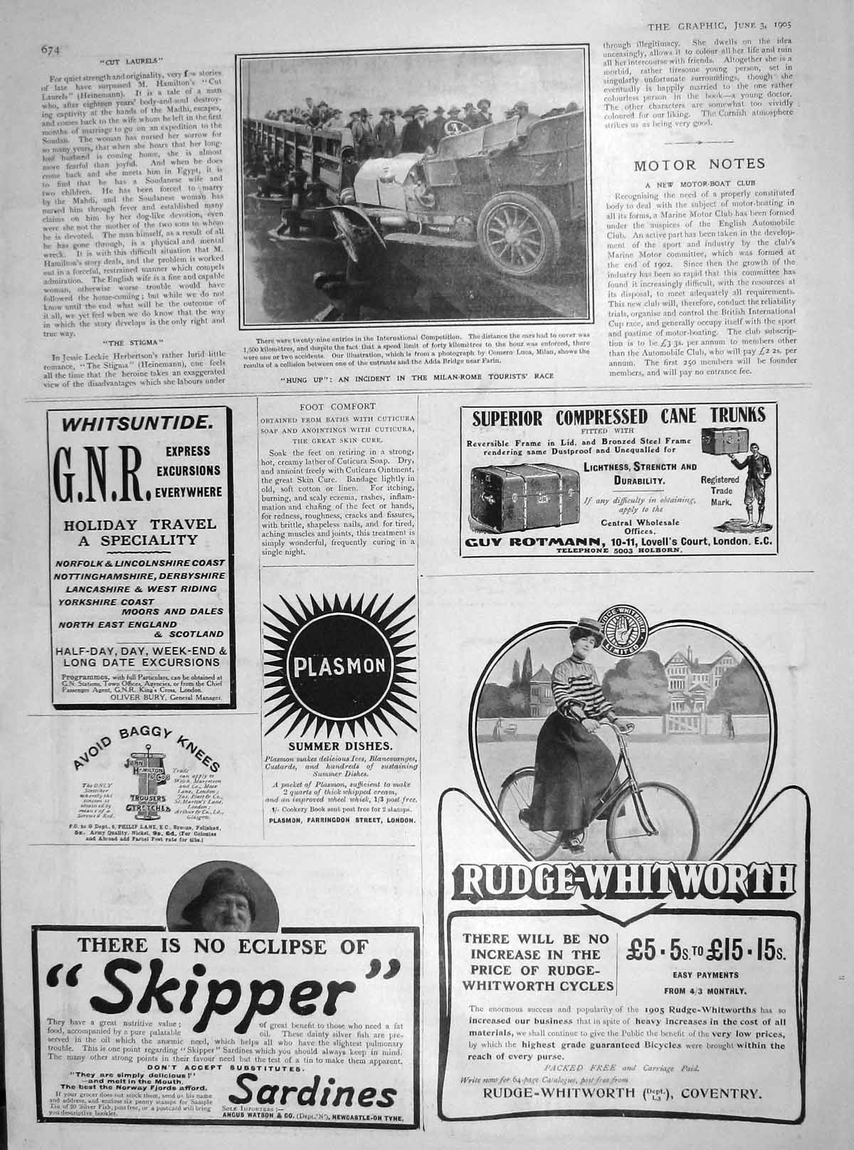 Old Antique Print 1905 Milan Rome Motor Car Tourists Race Skipper Sardine 20th