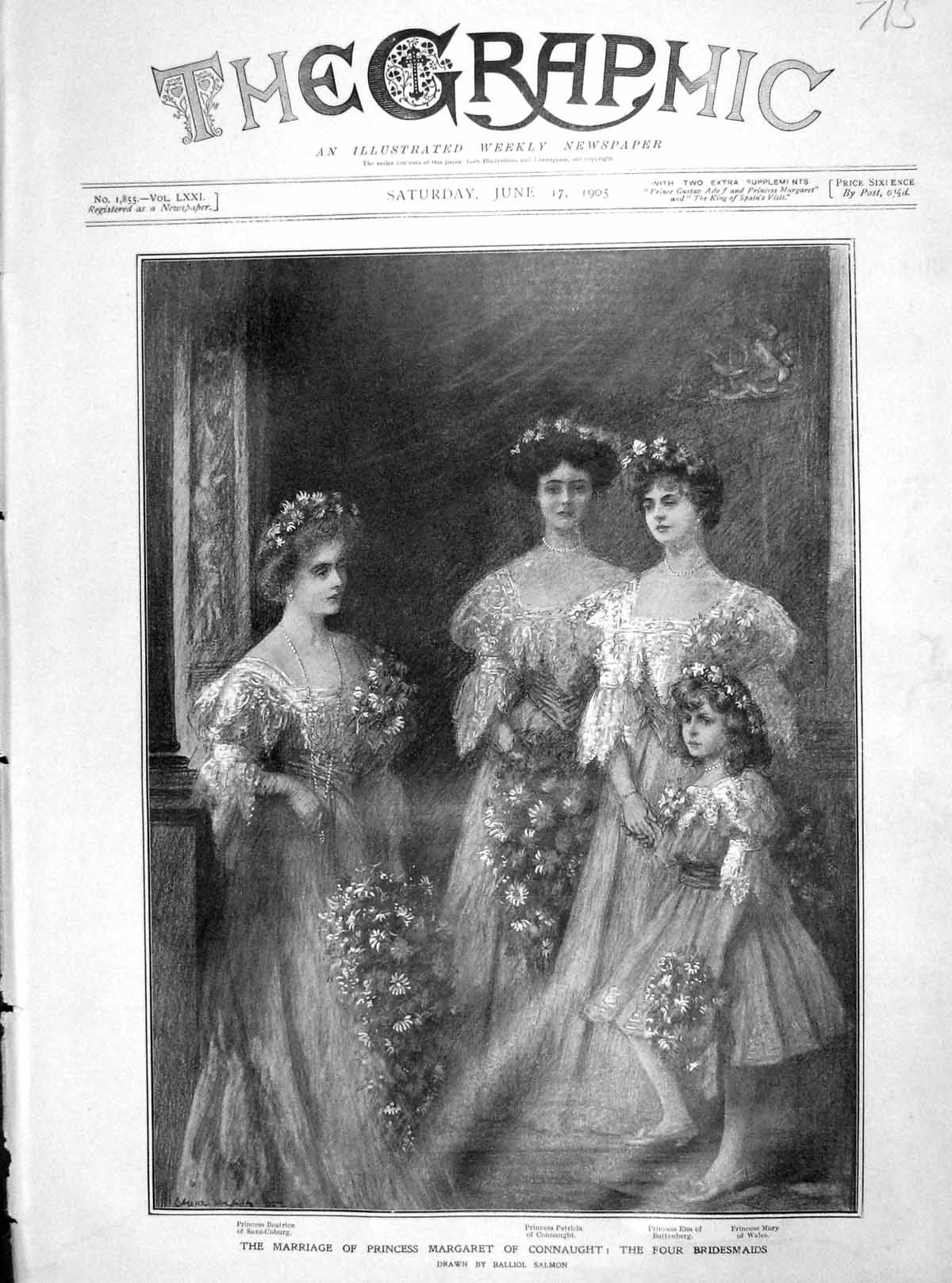 Original Old Antique Print 1905 Princess Margaret Connaught Beatrice Ena Mary