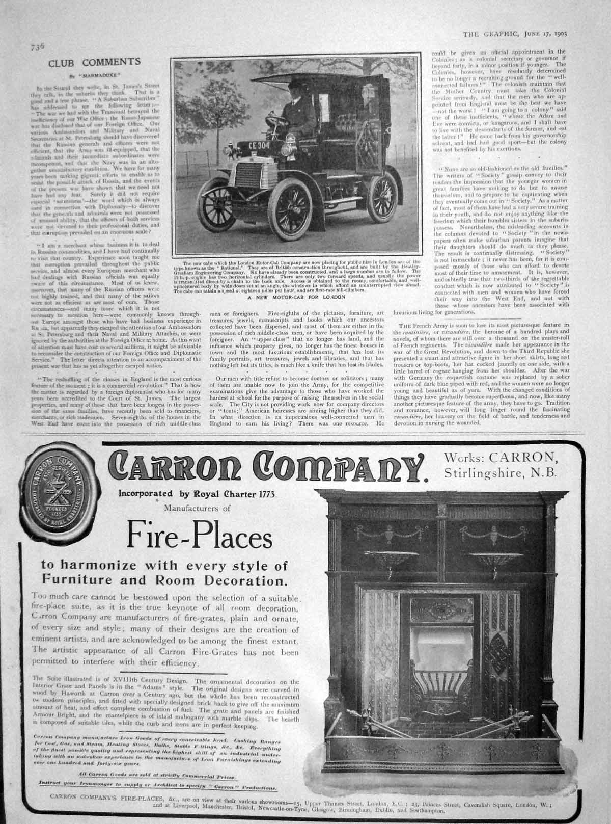 Old Antique Print 1905 Motor-Cab London Rational Transport London Carron 20th