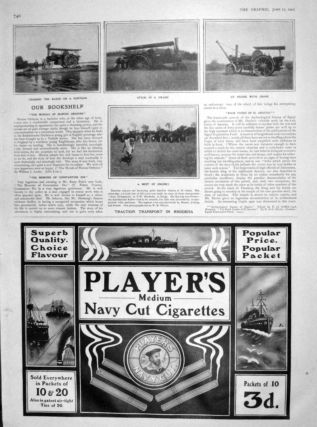 Old Antique Print 1905 Traction Transport Rhodesia Kafur Pontoon Players 20th