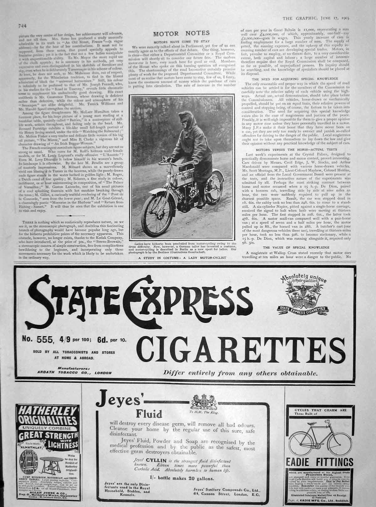 Original Old Antique Print 1905 Lady Motor Cyclist Berlin Germany Cigarettes