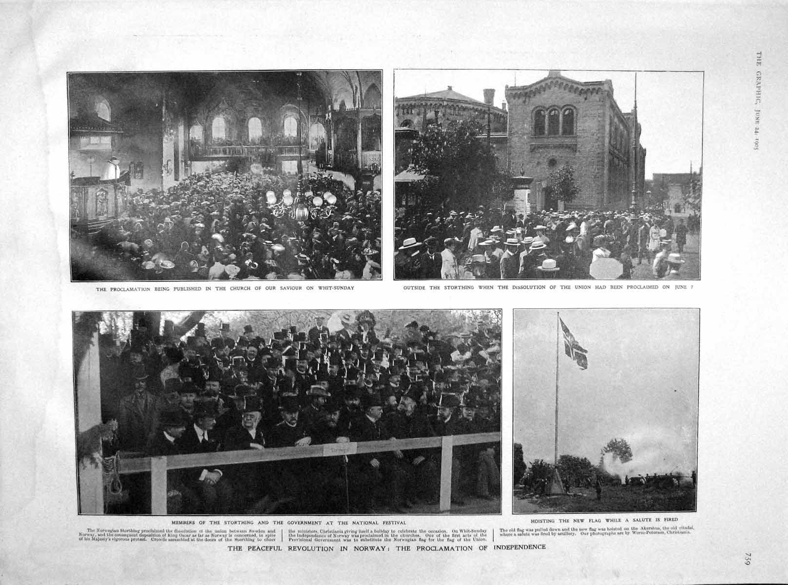 Original Old Antique Print 1905 Revolution Norway Church Whit-Sunday Storthing