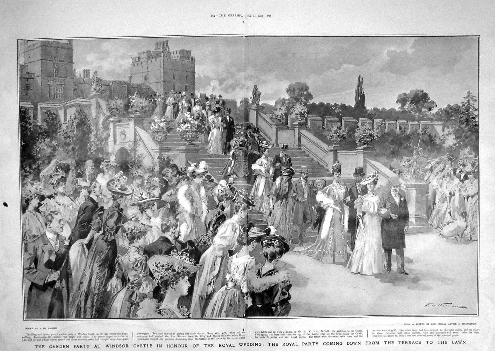 Old Antique Print 1905 Garden Party Windsor Castle Royal Wedding London 20th
