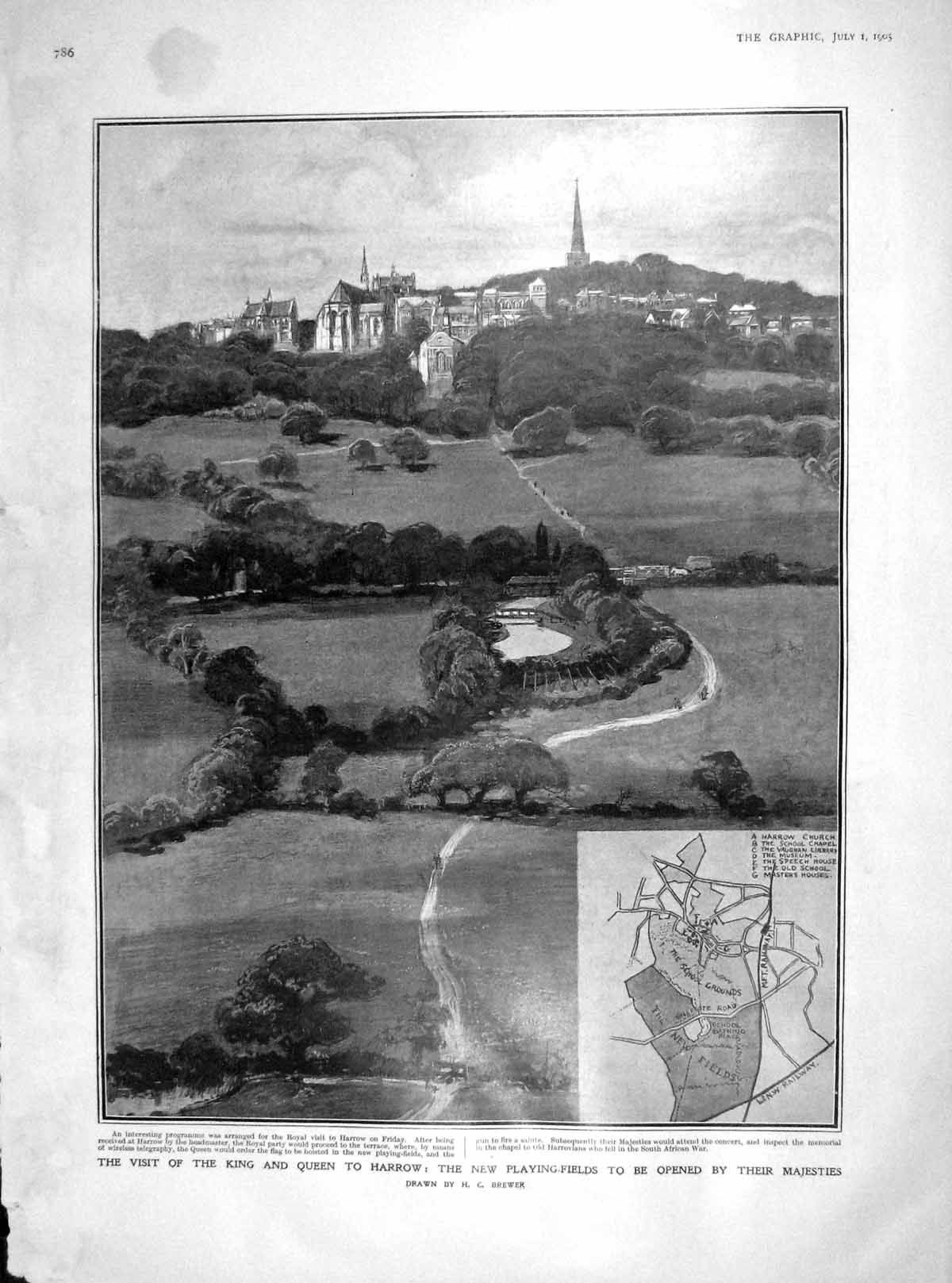 Original Old Antique Print 1905 King Queen Harrow Church School Playing-Fields