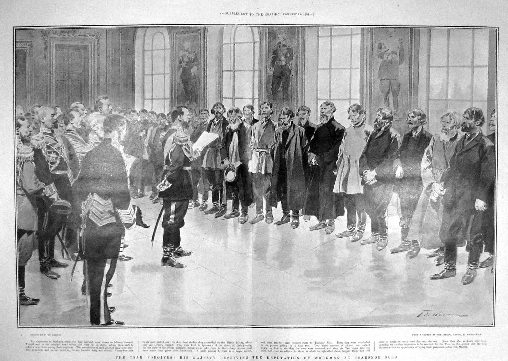 Old Antique Print 1905 Tsar General Trepoff Deputation Workmen Tsarskoe 20th