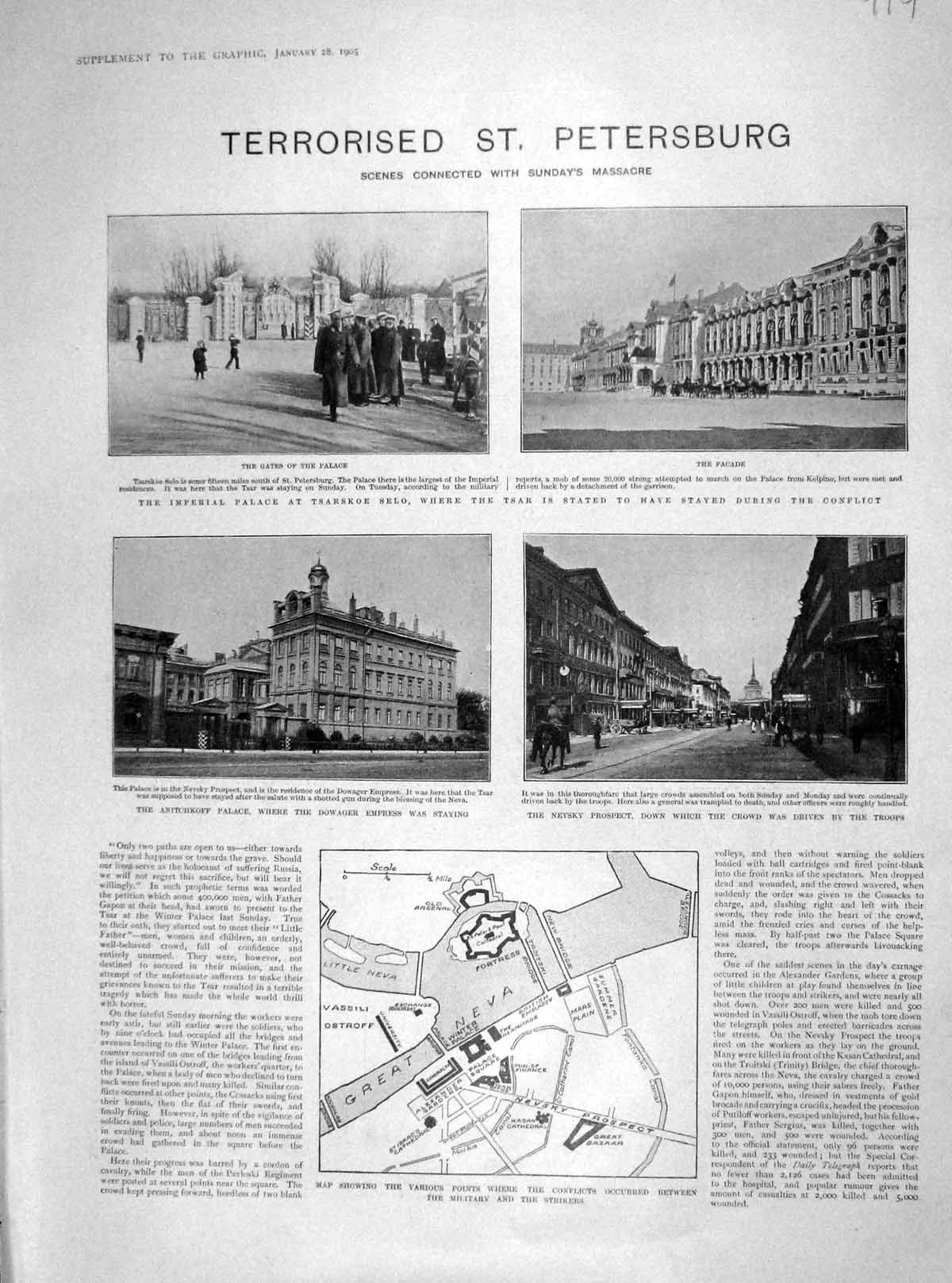 Original Old Antique Print 1905 St. Petersburg Anitchkoff Winter Palace Nevsky
