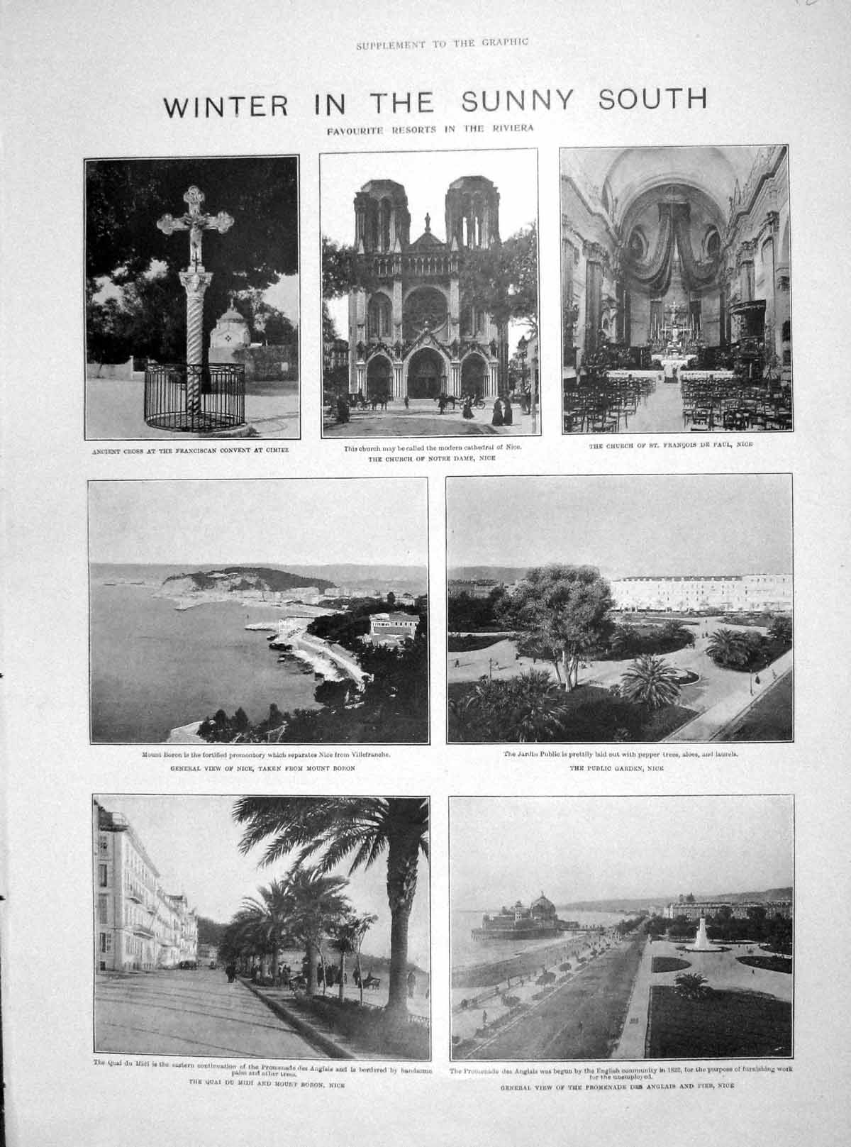 Original Old Antique Print 1905 Church Notre Dame Nice France Mount Boron Carlo