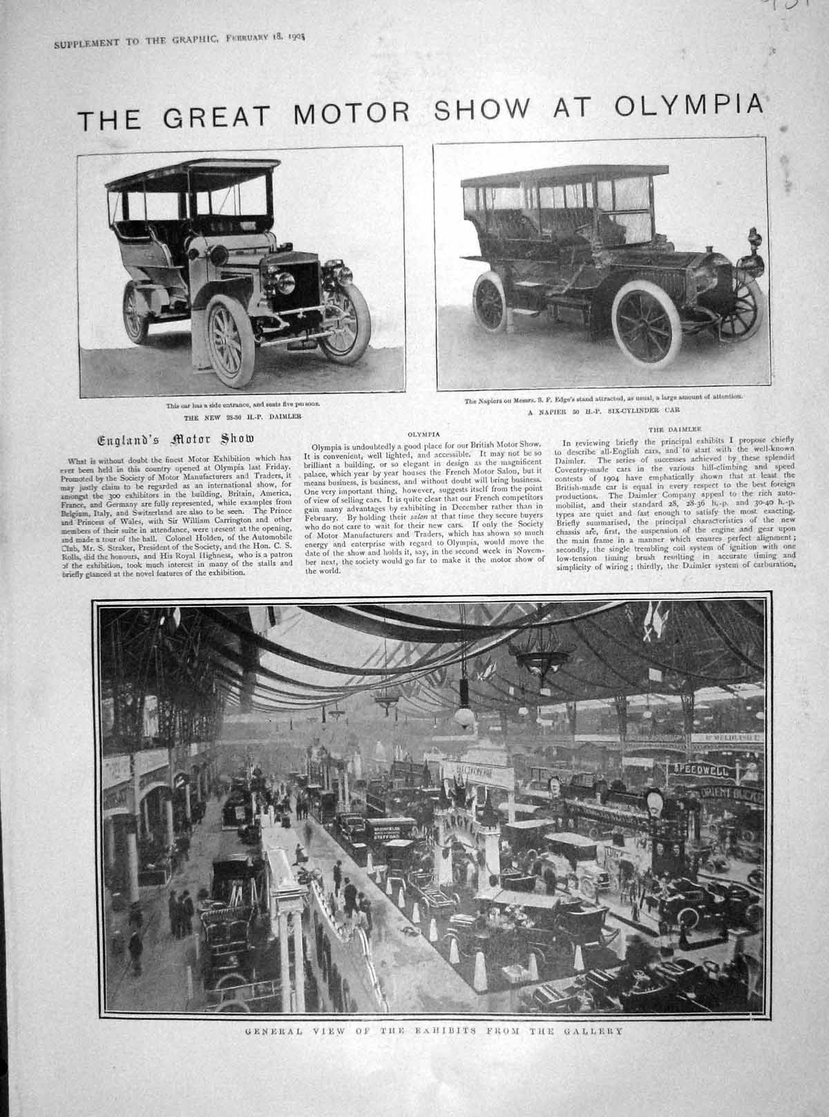 Original Old Antique Print 1905 Motor Car Show Olympia Daimler Martini Crocker