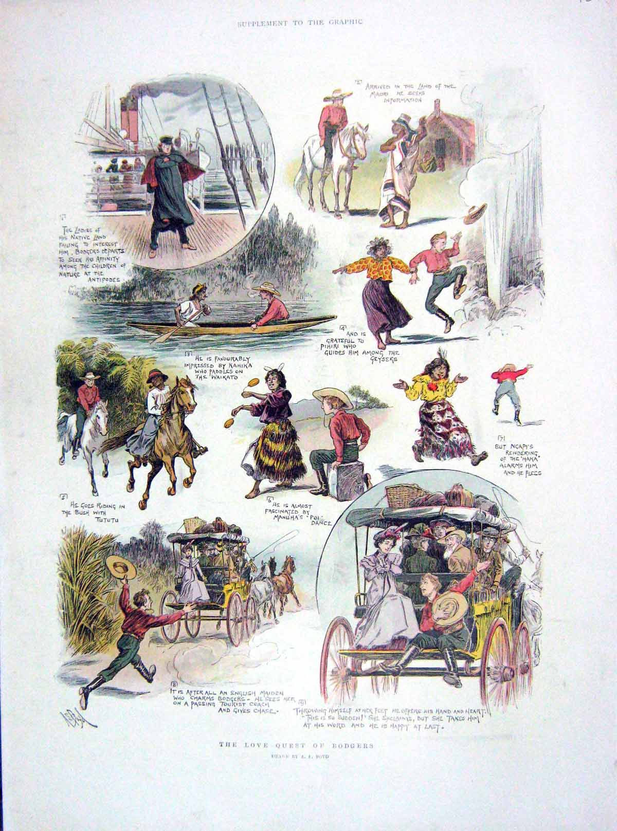 Original Old Antique Print 1905 Love Quest Bodgers Transport Ship Coach Horse