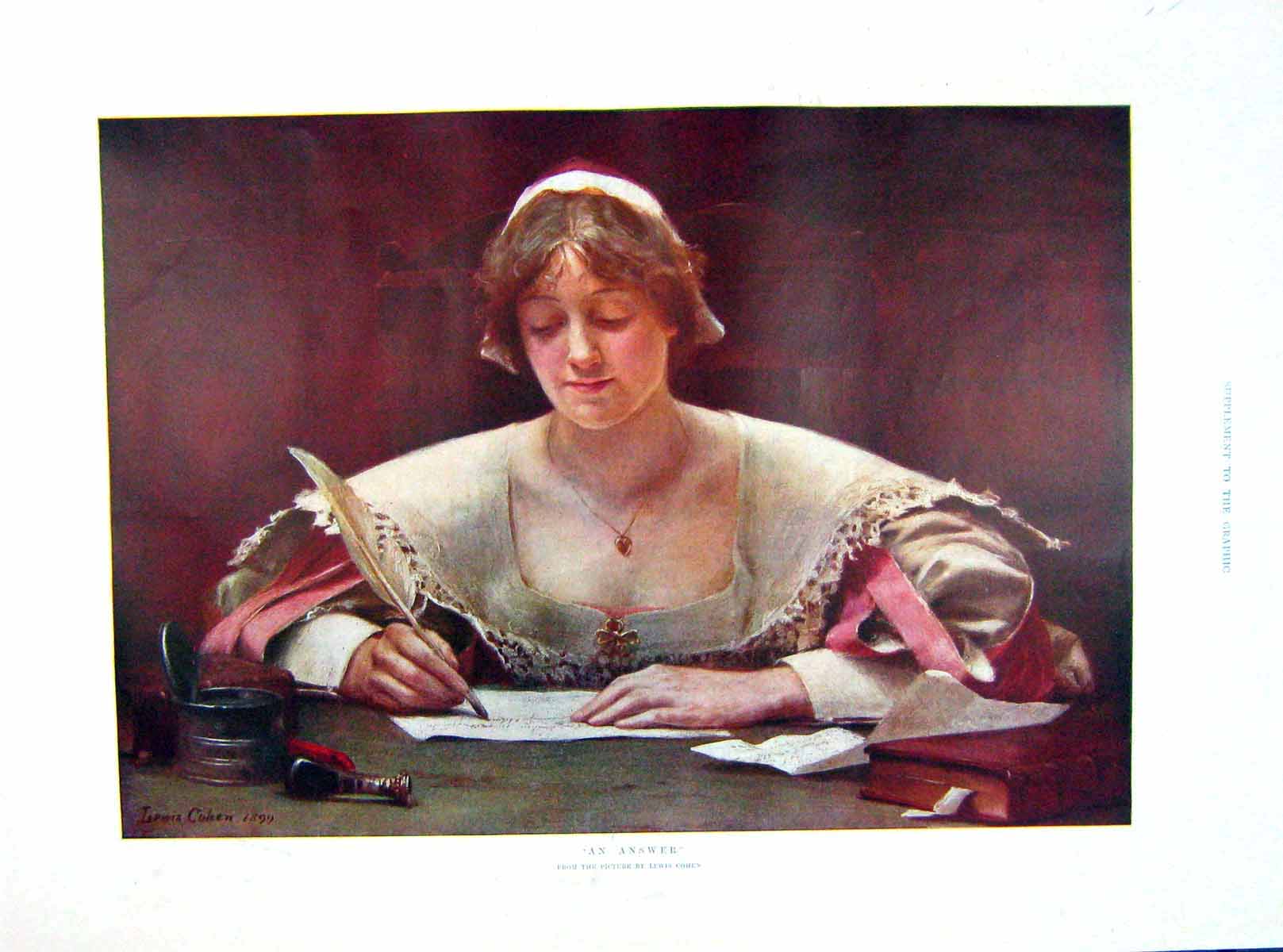 Original Old Antique Print 1905 Lewis Cohen Colour Lady Writing Letter 20th
