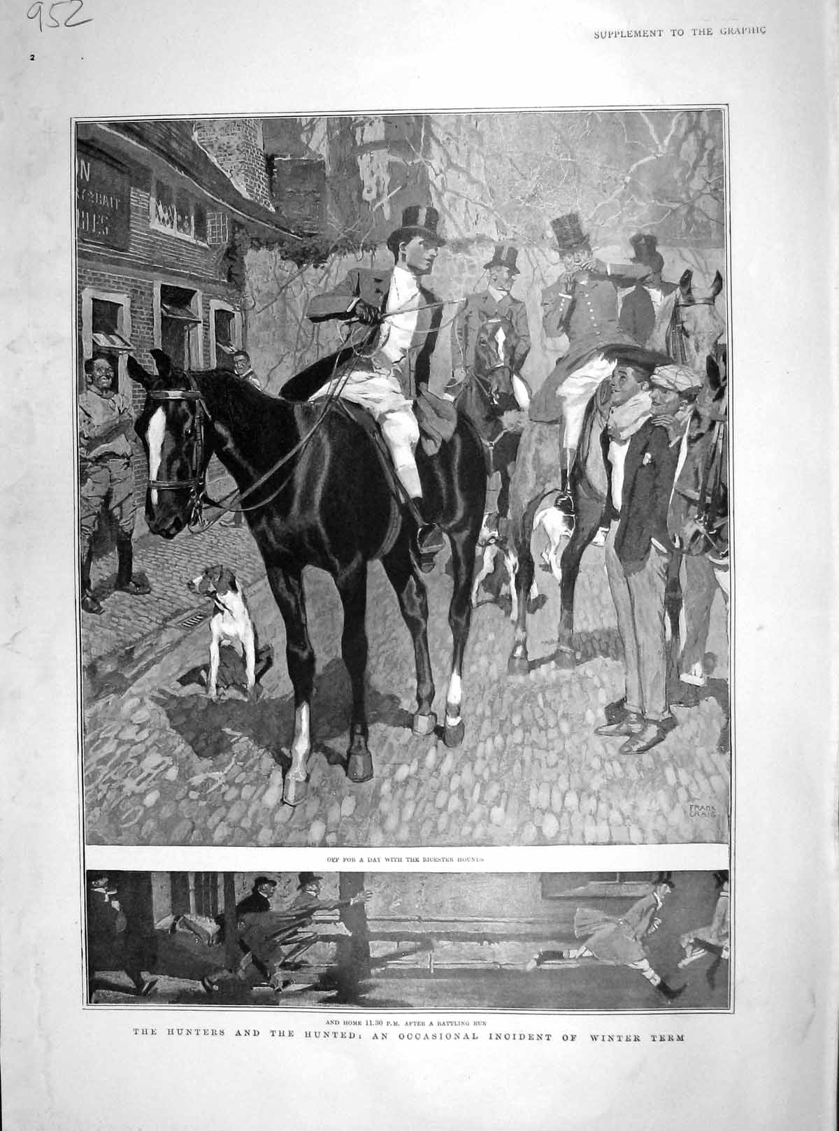 Original Old Antique Print 1905 Hunting Horses Bicester Hounds Dogs Sport Men