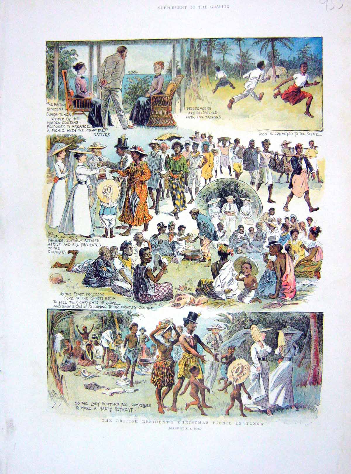 Old Antique Print 1905 British Resident Bunga-Tunga Natives Picnic Tonga 20th