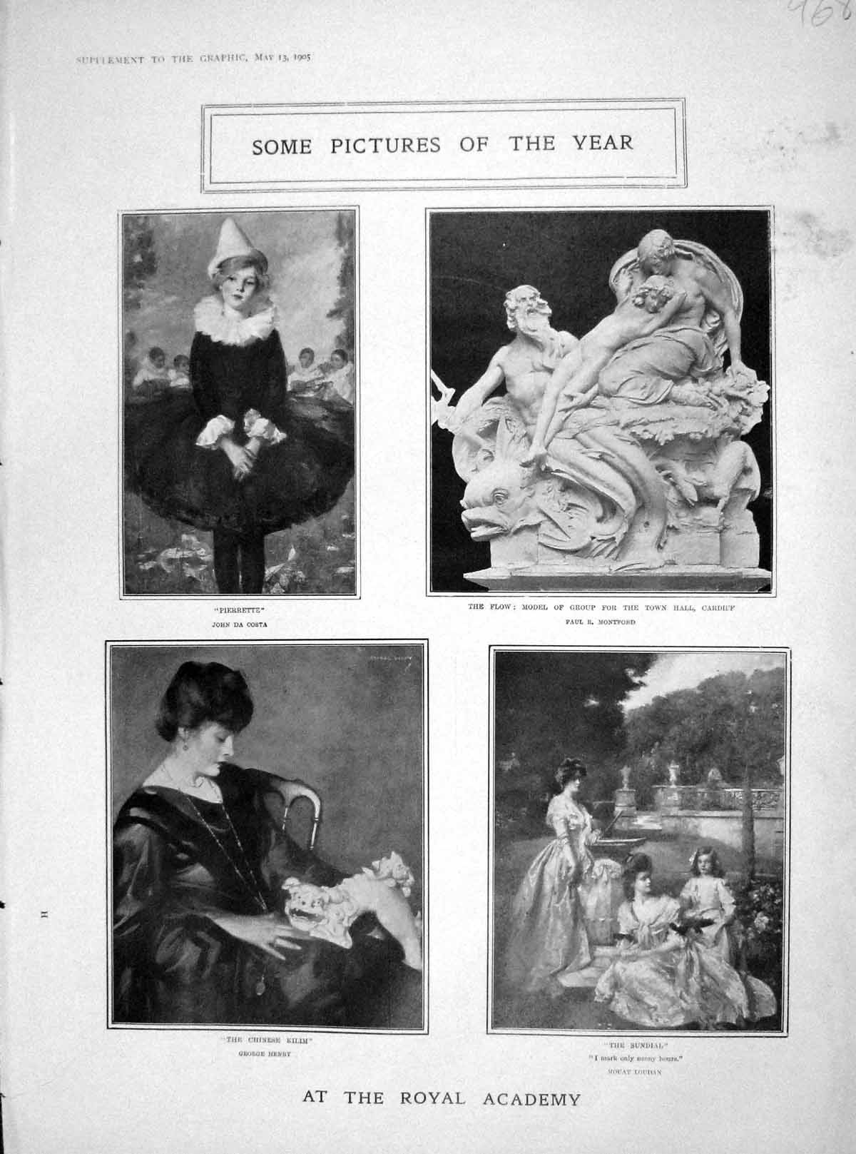Original Old Antique Print 1905 Royal Academy Art Pierrette Kilim Sundial Ship