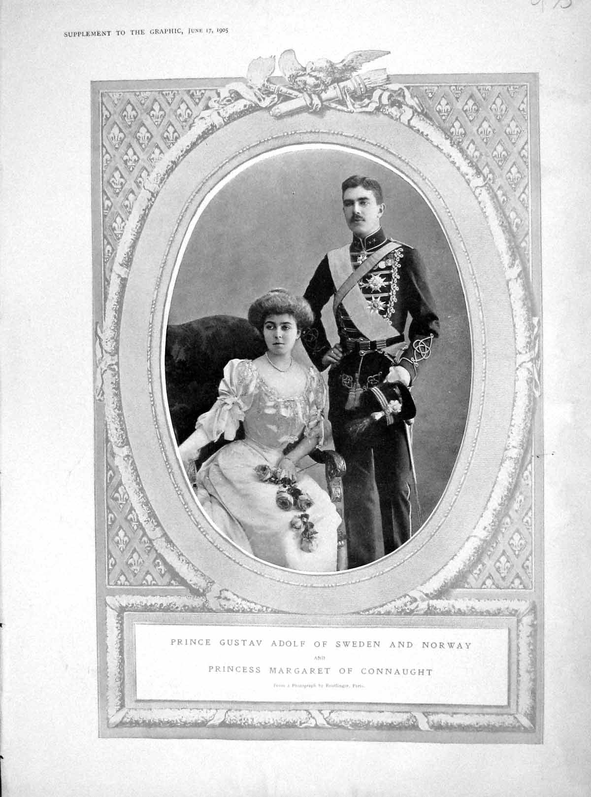 Original Old Antique Print 1905 Prince Gustav Adolf Sweden Margaret Connaught
