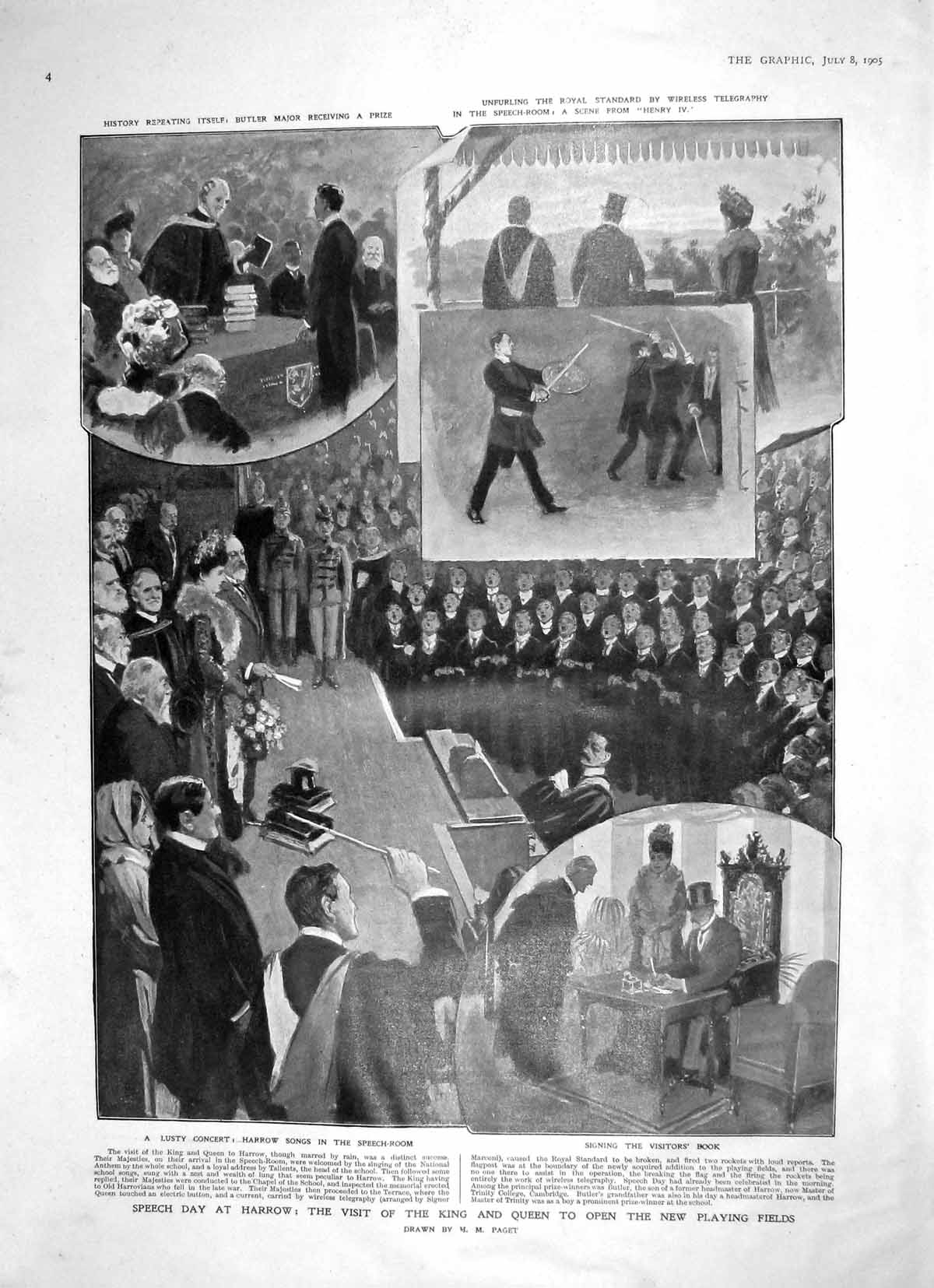 Old Antique Print 1905 King Queen Harrow Speech Day Butler Major Theatre 20th