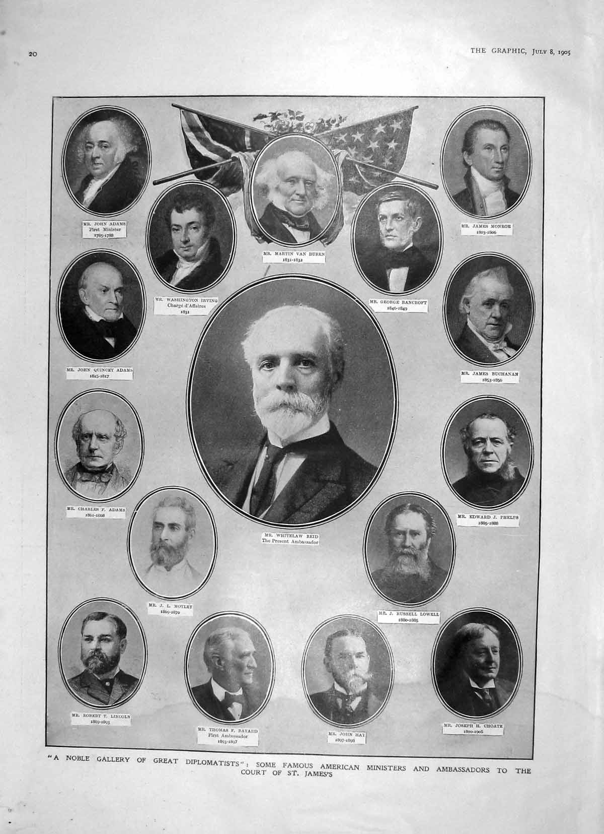 Old Antique Print 1905 Diplomatists America Buren Reid Motley Stockholm 20th