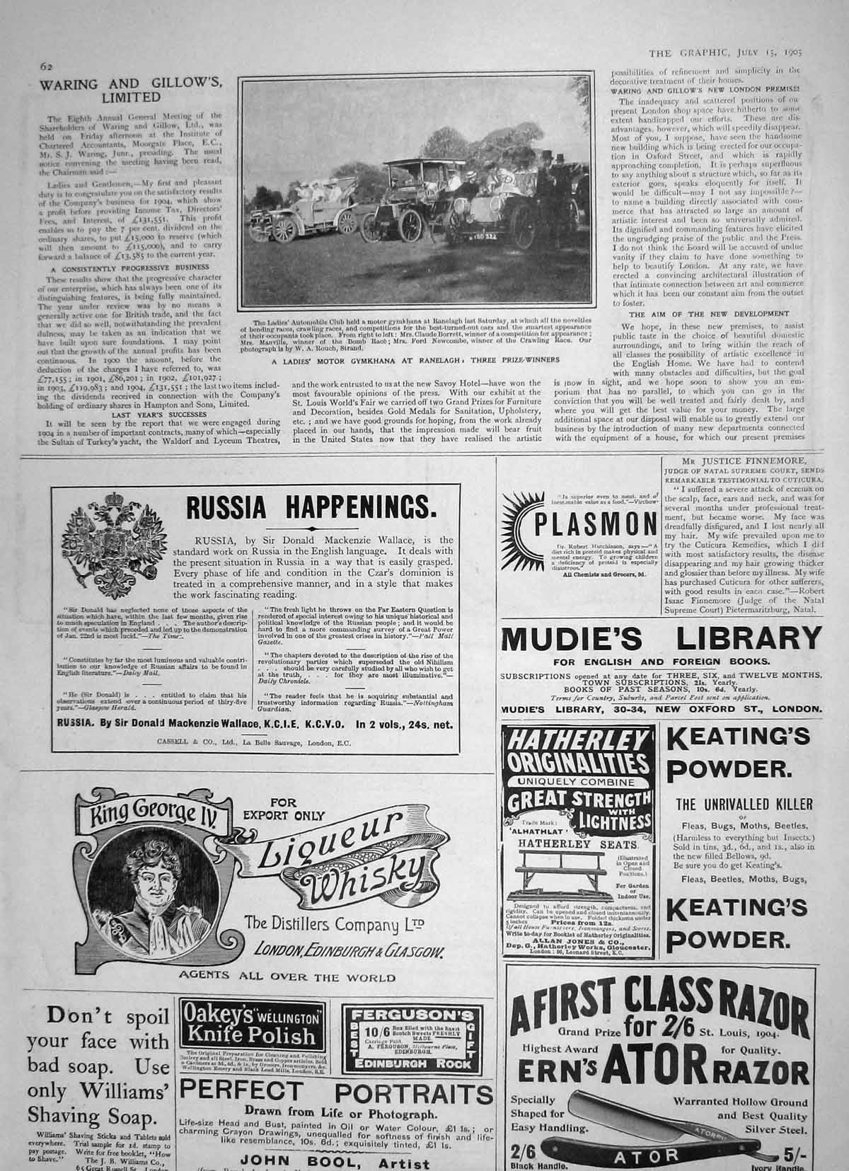 Old Antique Print 1905 Ladies Motor Car Gymkhana Ranelagh George Whisky 20th