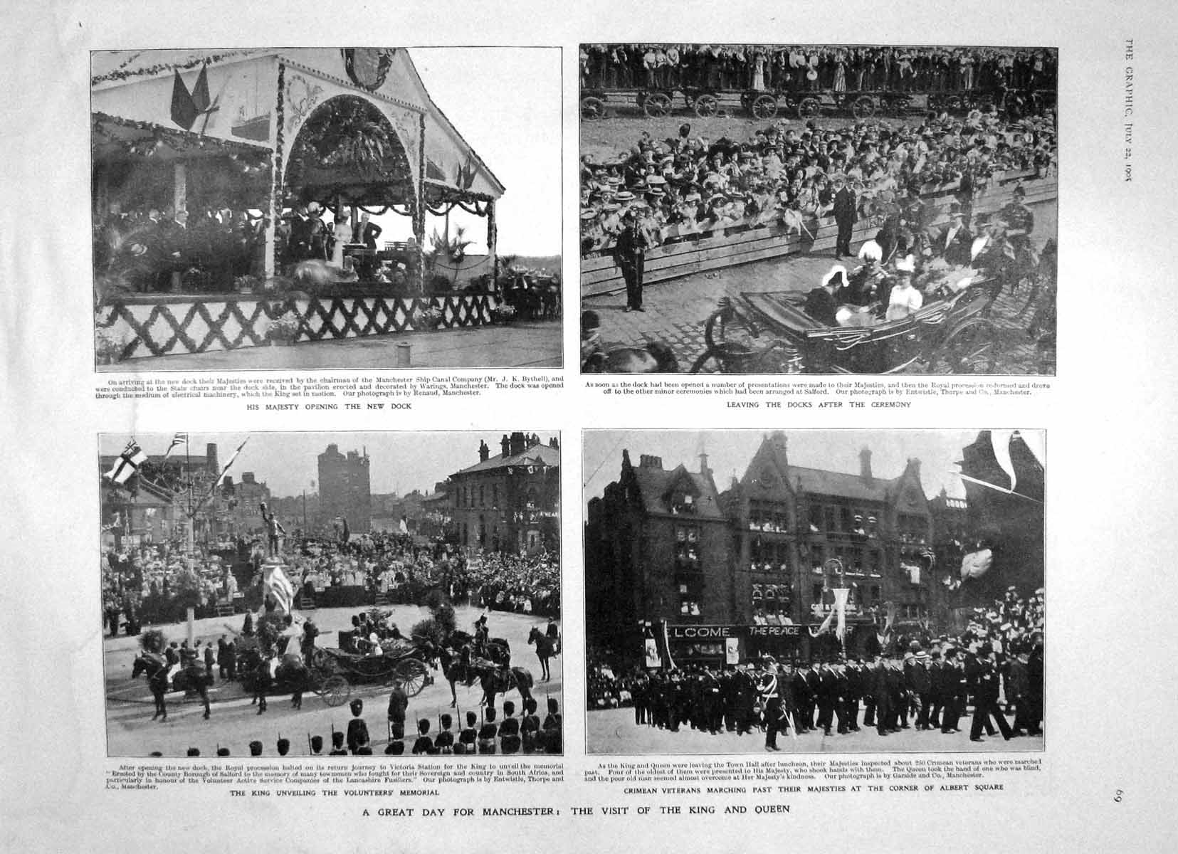 Original Old Antique Print 1905 Manchester King Queen Docks Town Hall Victoria