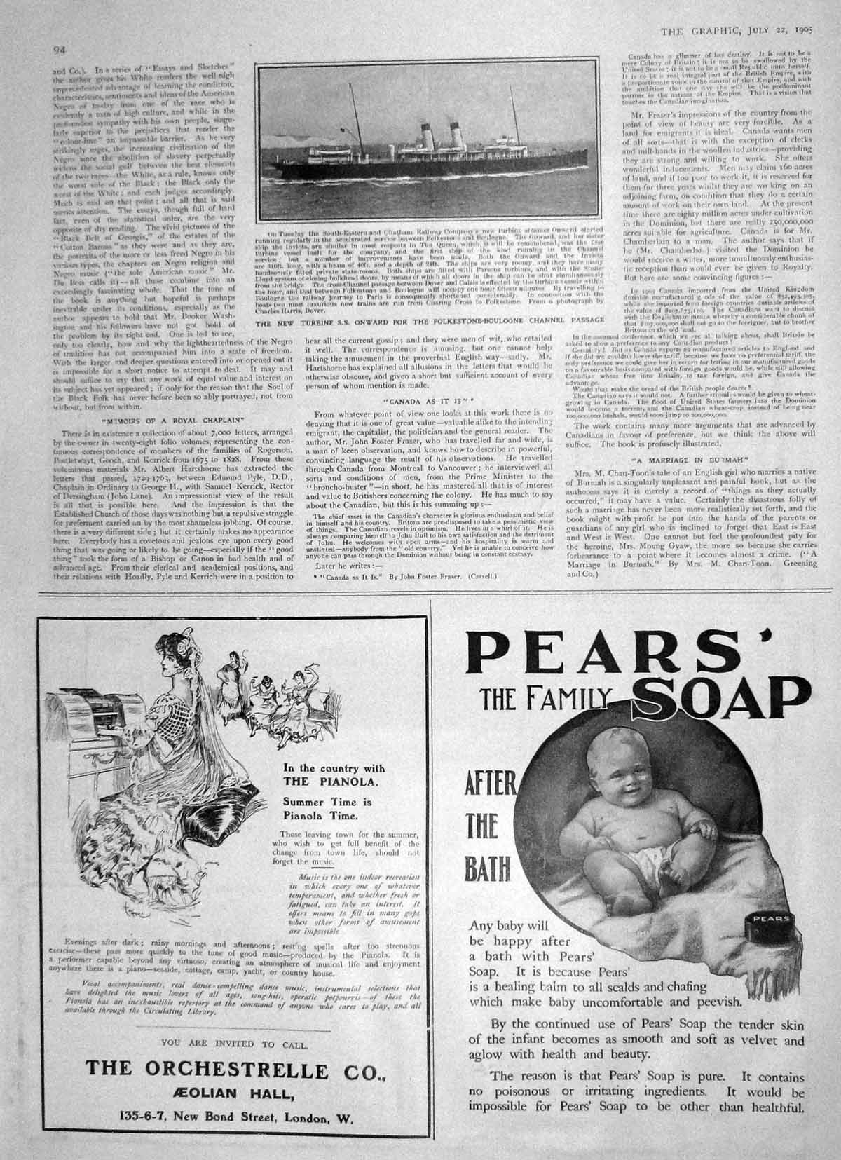 Original Old Antique Print 1905 Turbine Ship Onward Channel Ferry Pears Soap