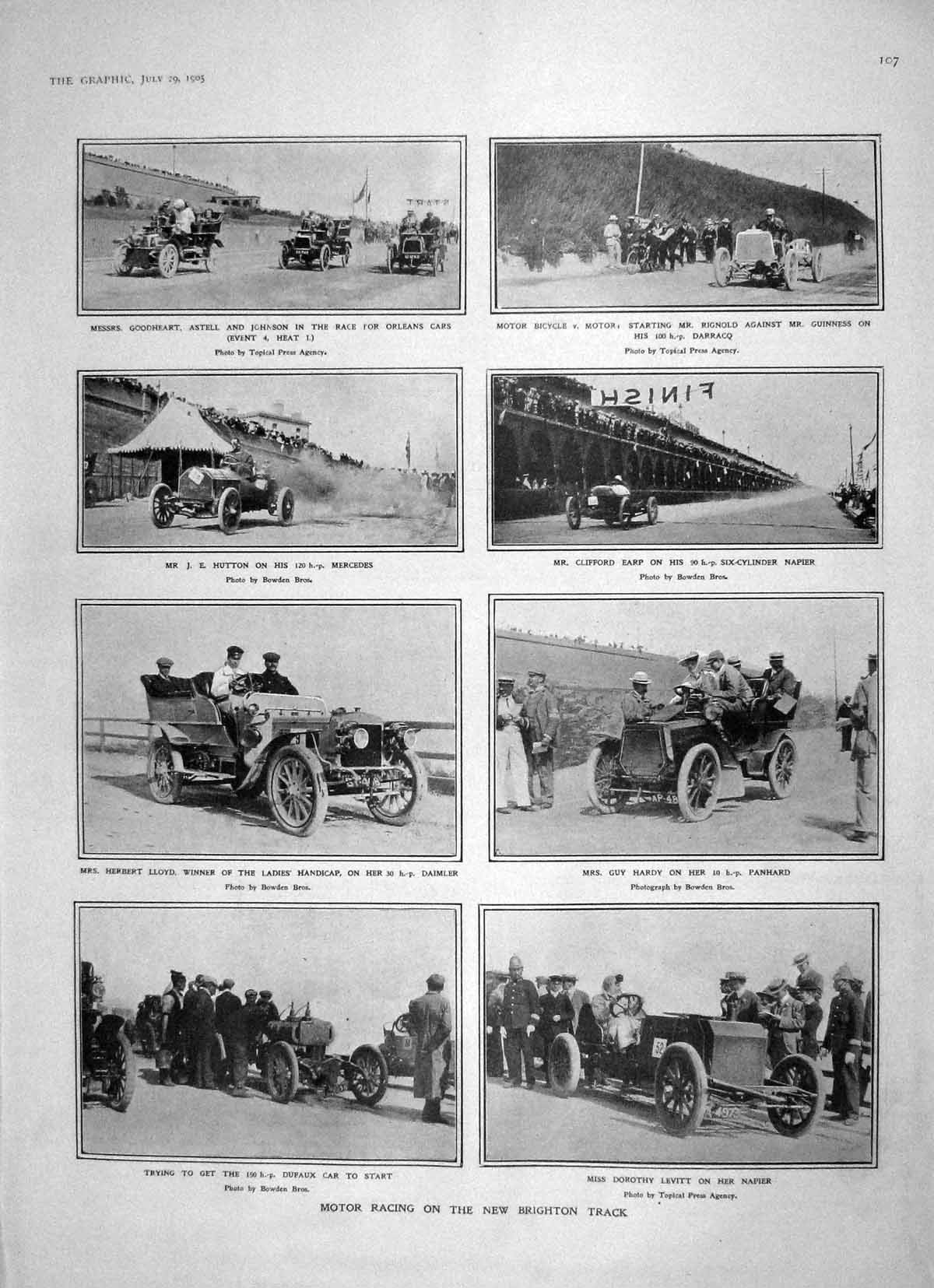 Old Antique Print 1905 Motor Racing Brighton Levitt Lloyd Odessa Airship 20th