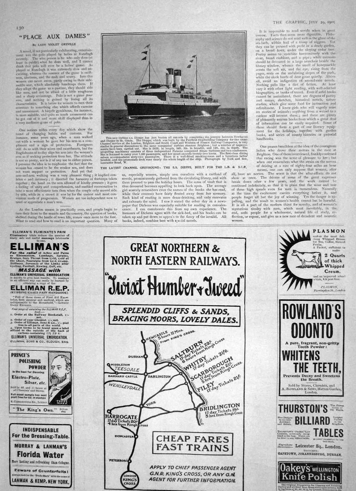 Old Antique Print 1905 English Channel Ferry Dieppe North Eastern Railway 20th