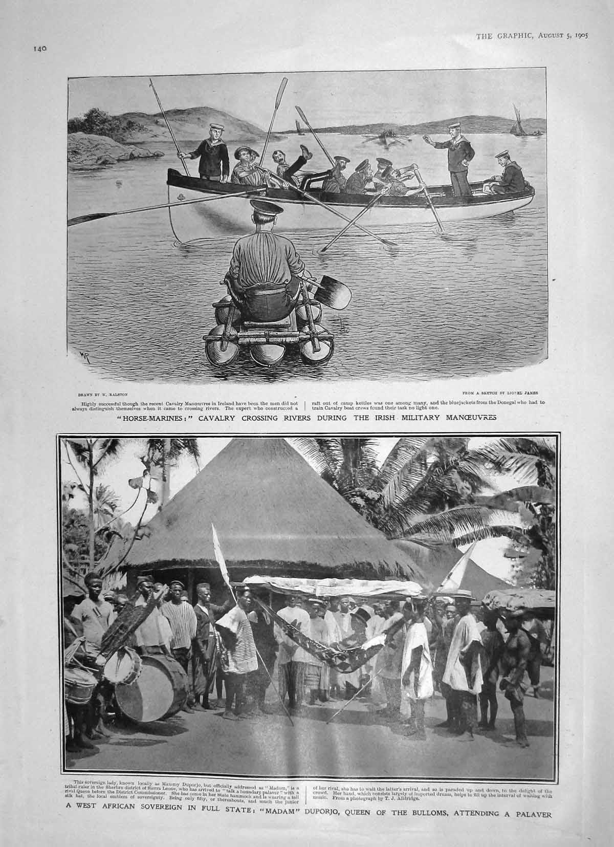 Original Old Antique Print 1905 Africa Madman Duporjo Queen Bulloms Army River