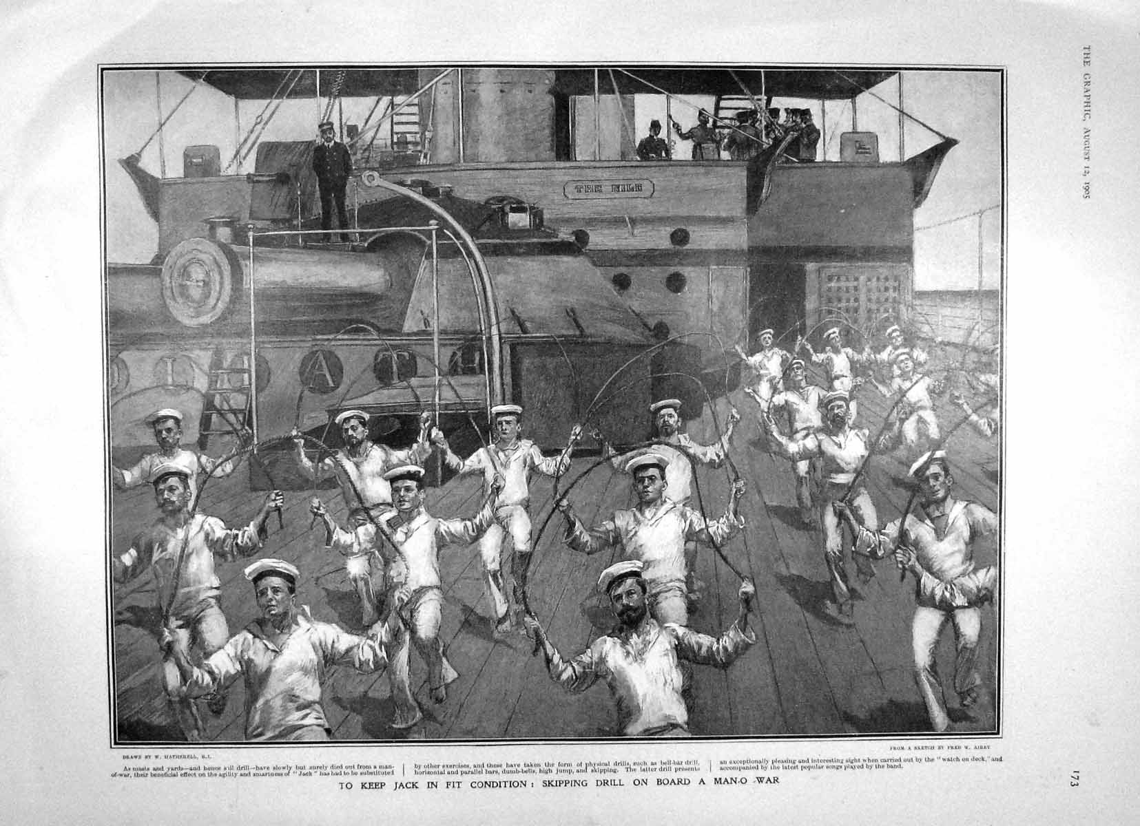 Old Antique Print 1905 Skipping Drill Deck Man-Of-War Ship Sailors Navy 20th