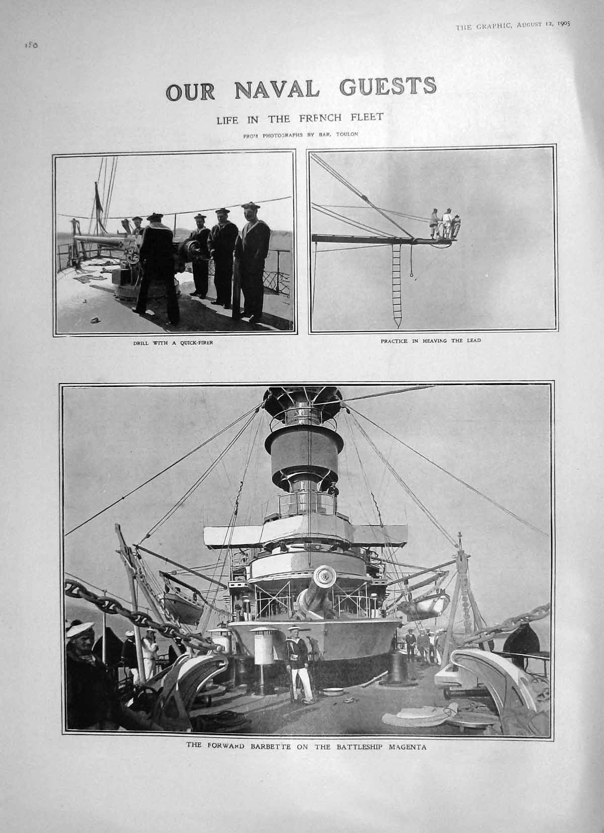 Old Antique Print 1905 Navy French Ships Magenta Barbette Brennus Sailors 20th