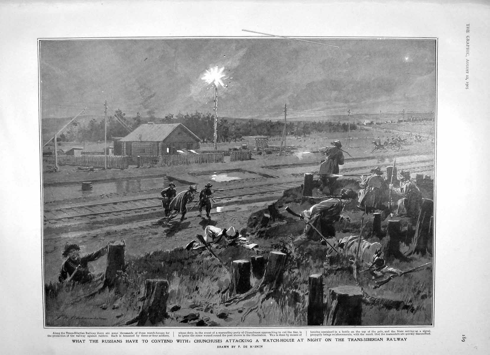 Old Antique Print 1905 Chunchuses Attack Trans-Siberian Railway Balloon 20th