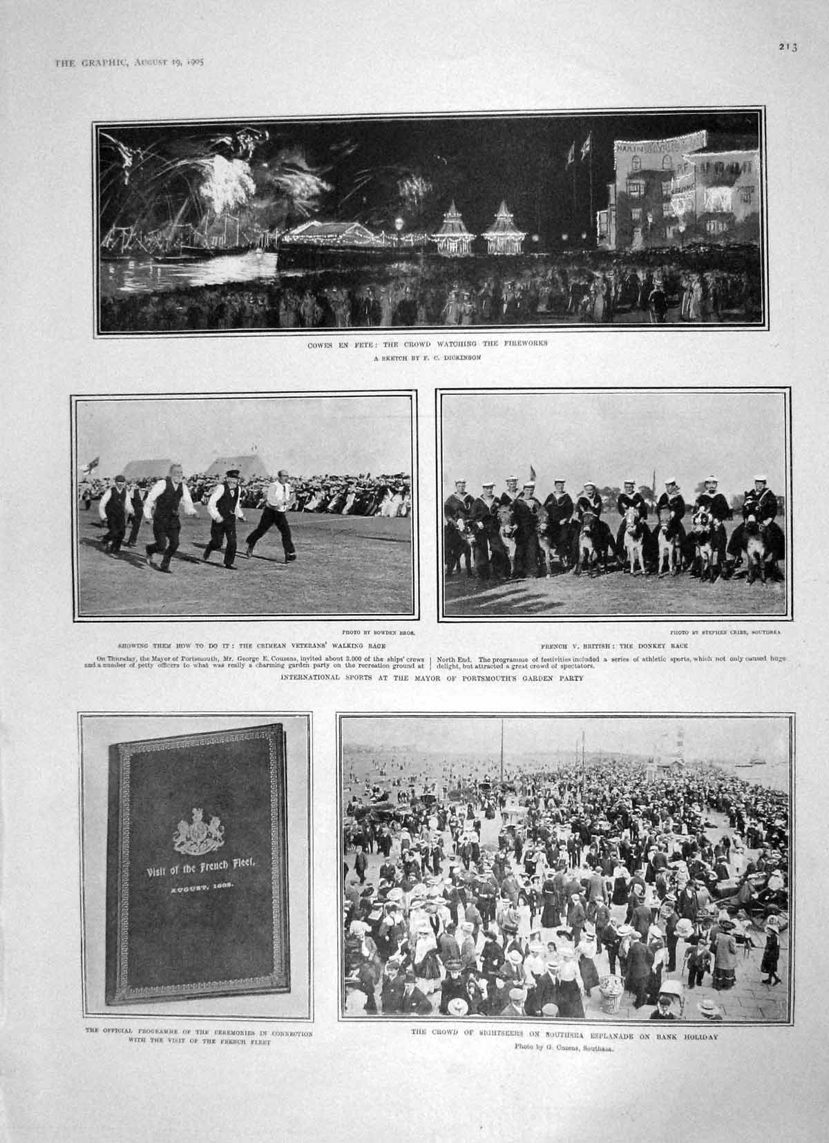 Old Antique Print 1905 Southsea Cowes Fireworks Mayor Portsmouth French 20th