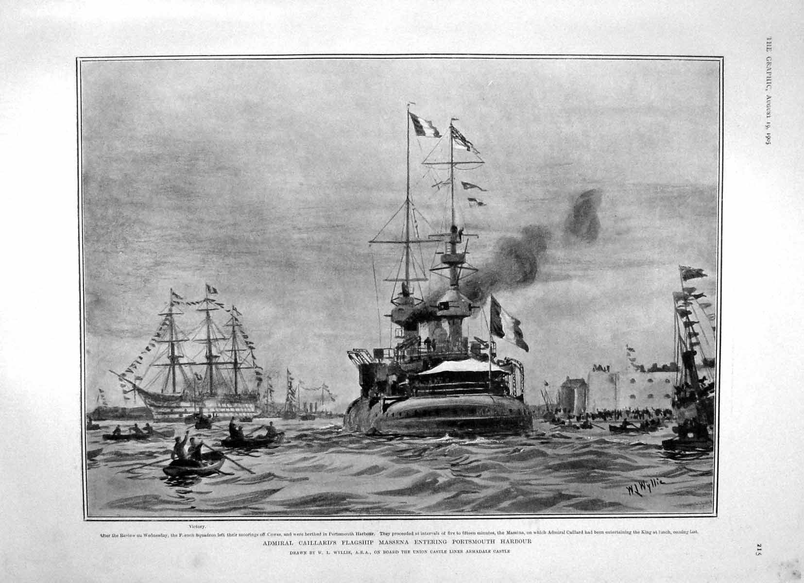 Original Old Antique Print 1905 Admiral Caillard Ship Massena Mayor Portsmouth