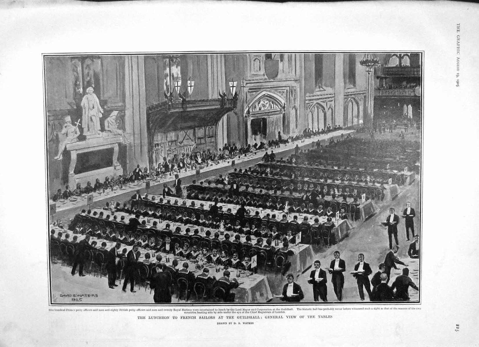 Original Old Antique Print 1905 French Sailors Lunch Guildhall Ships Fireworks