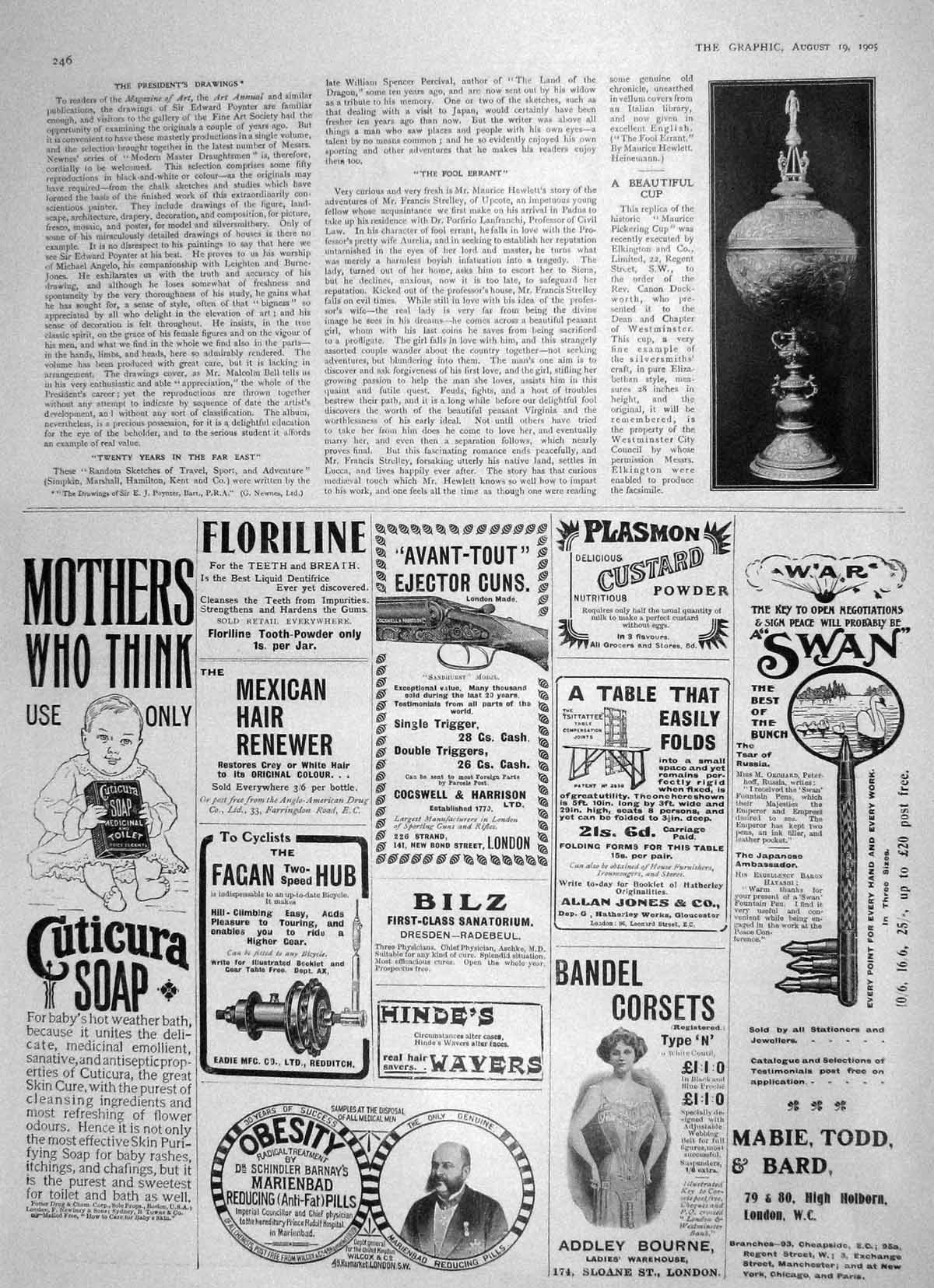 Original Old Antique Print 1905 Maurice Pickering Cup Elkington Plasmon Custard