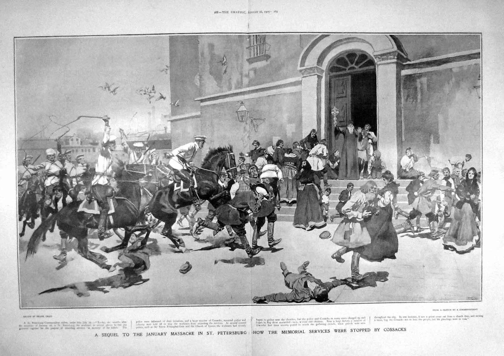 Old Antique Print 1905 Massacre St. Petersburg Memorial Service Cossacks 20th