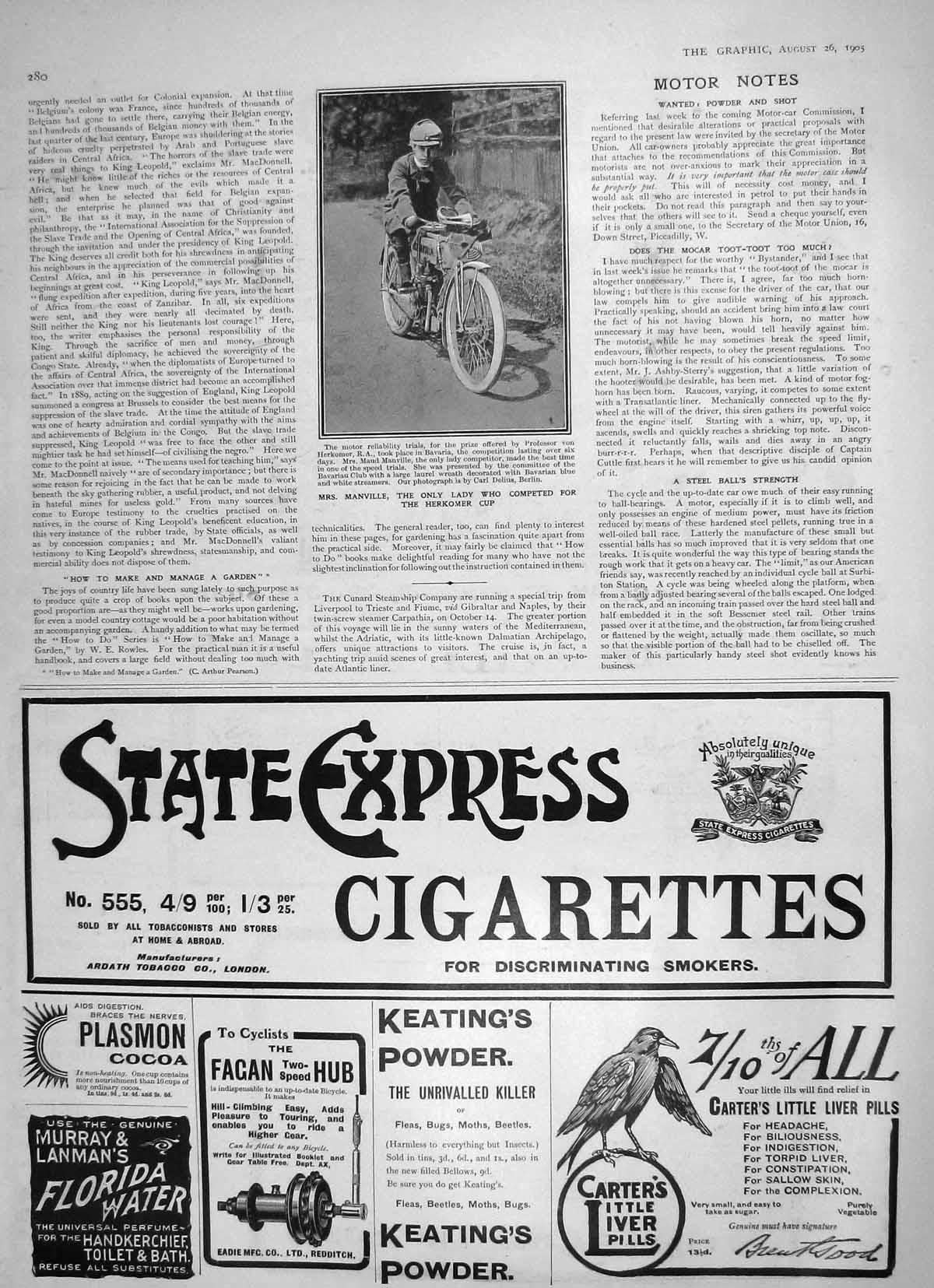 Old Antique Print 1905 Mrs Manville Motor Cycle Herkomer Cup Cigarettes 20th