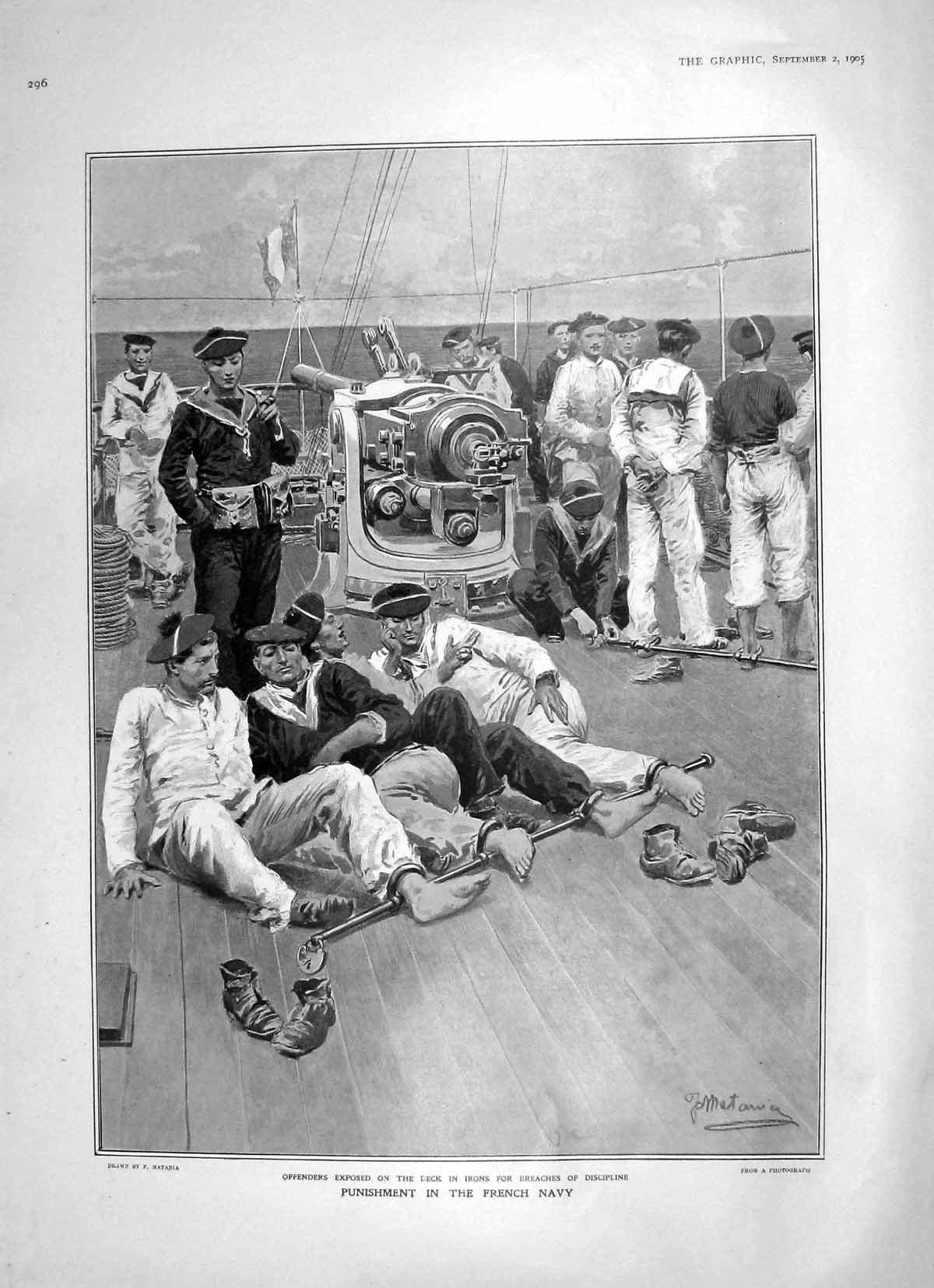 Old Antique Print 1905 Punishment French Navy Offenders Irons Ship Deck 20th