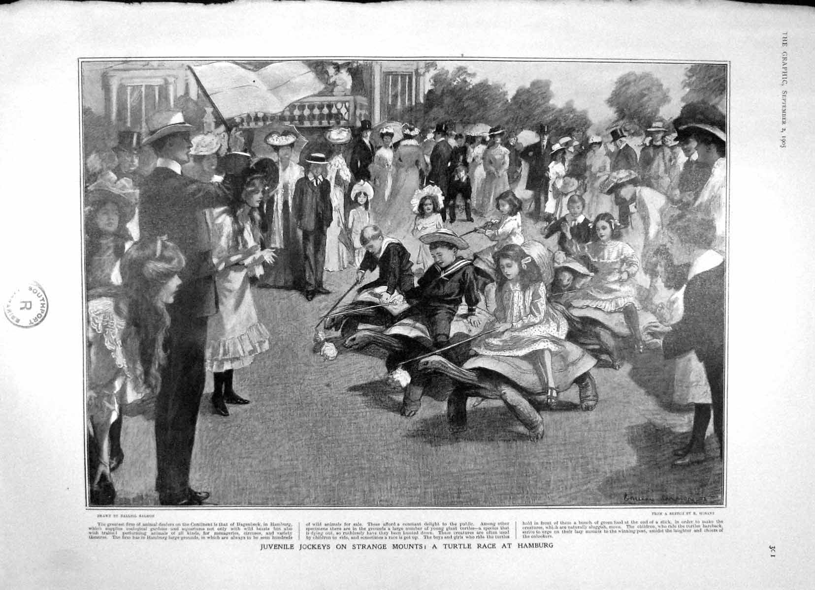 Original Old Antique Print 1905 Children Turtle Race Hamburg Sport Deauville