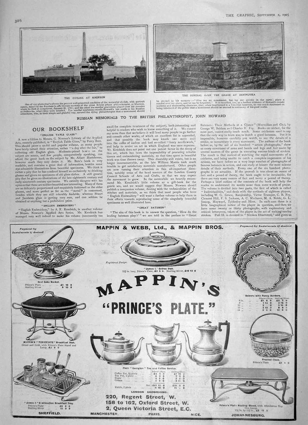 Original Old Antique Print 1905 Obelisk Kherson Grave Dofinovka John Howard